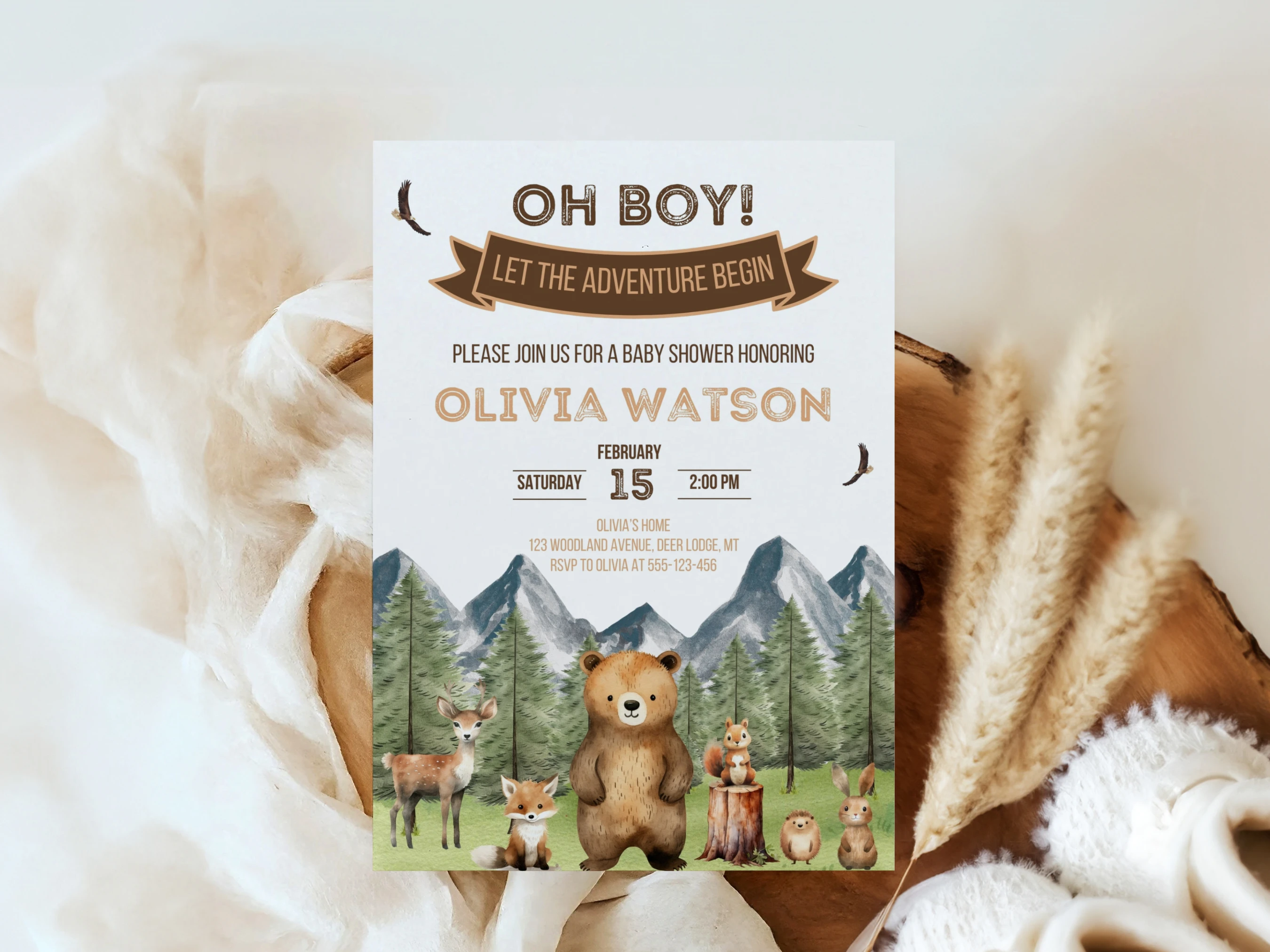 woodland baby shower invitation, let the adventure begin baby shower invite, bear theme baby shower invitation template, printable baby shower invite, editable baby shower invitation Canva