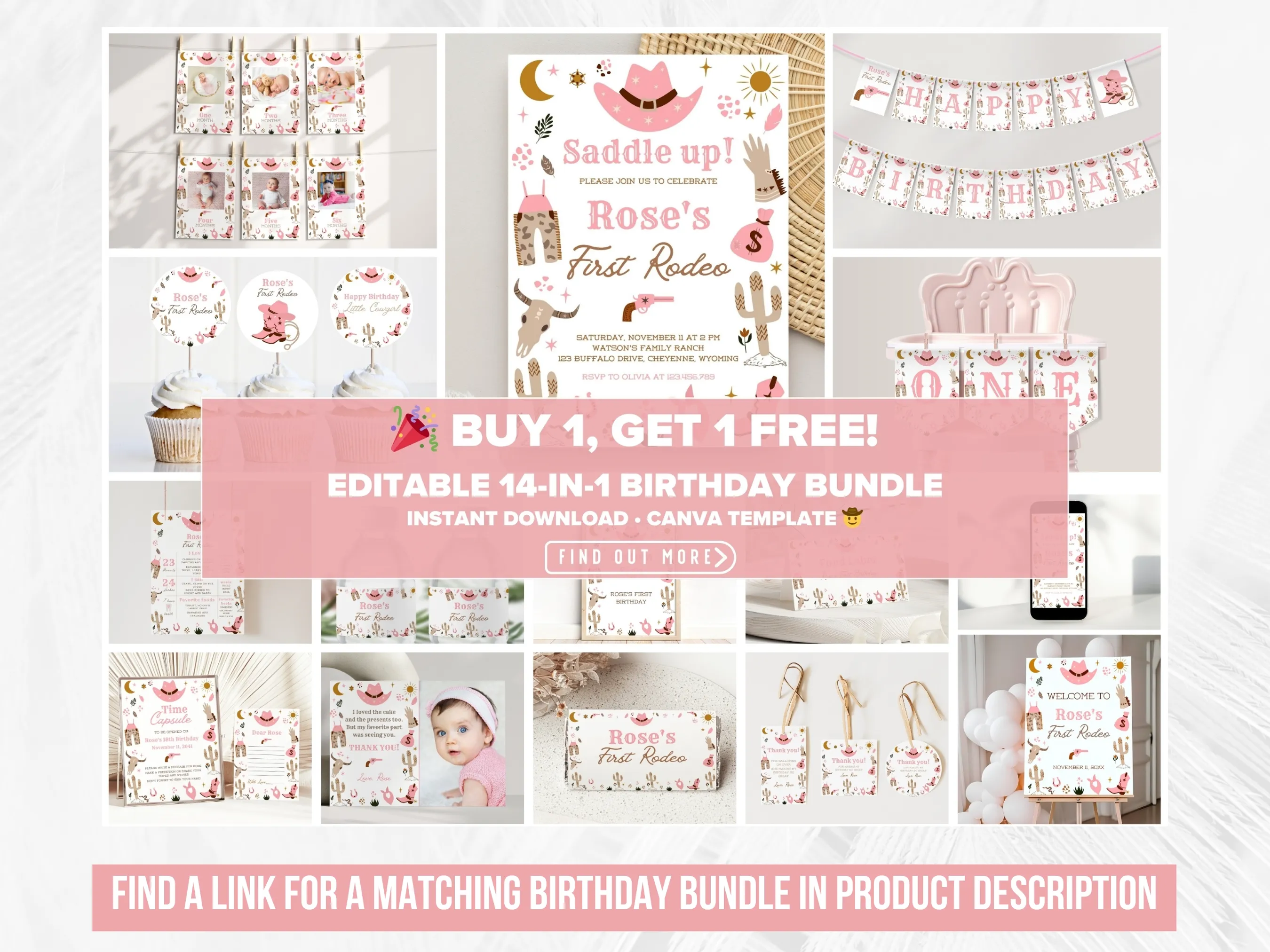 My First Rodeo Birthday Mobile Invitation | Cowgirl Western Evite | Editable Canva Template | Digital Download