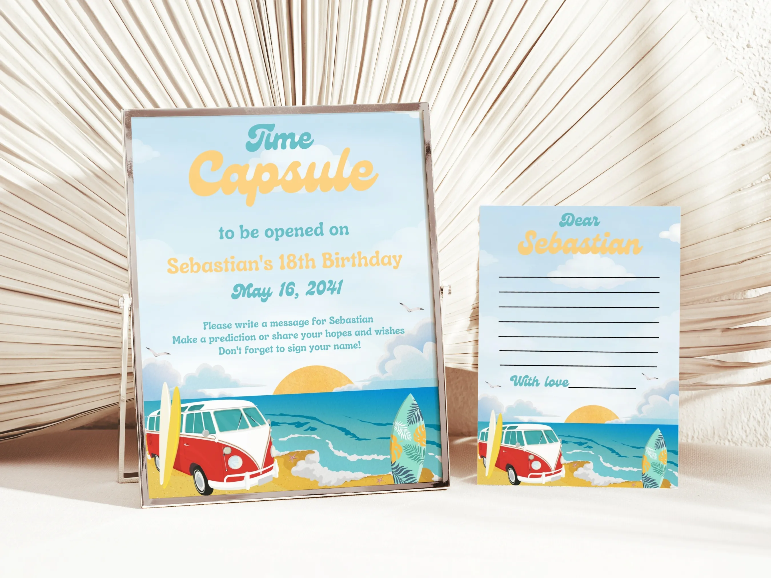 The Big One 1st birthday time capsule sign and wishes card with surf beach party theme, editable Canva template, digital download.