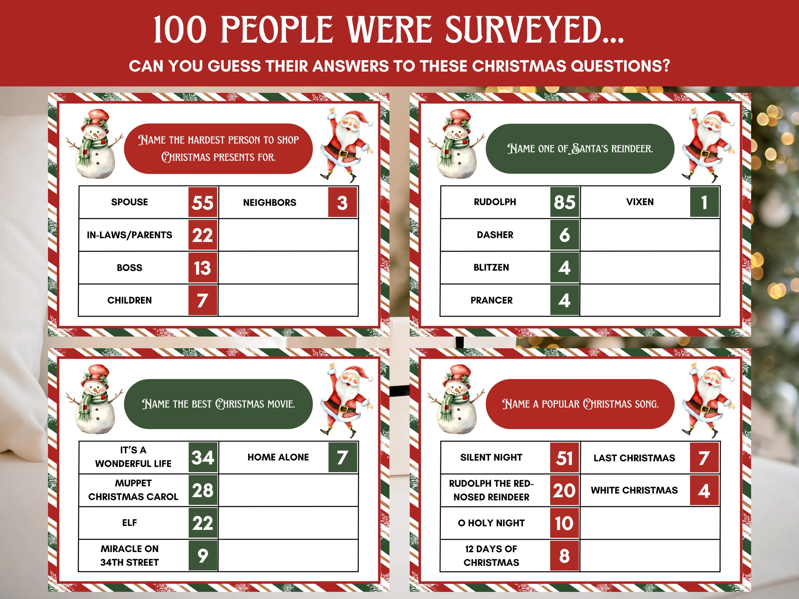 Santa & Snowman Christmas Feud Game | 60 Printable Family Survey Cards | Ready-to-Print Game | Digital Download