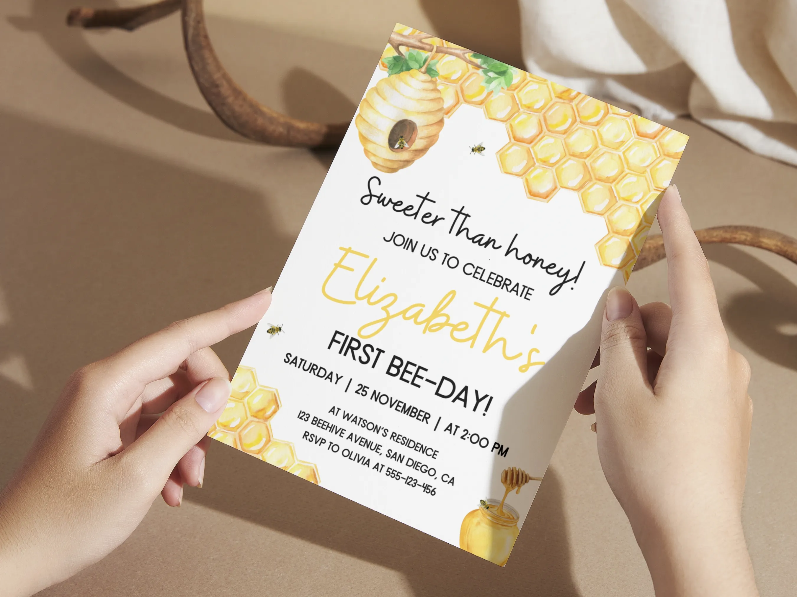 First Bee Day Invitation | Bumble Bee Birthday Party | Editable Canva Template | Digital Download