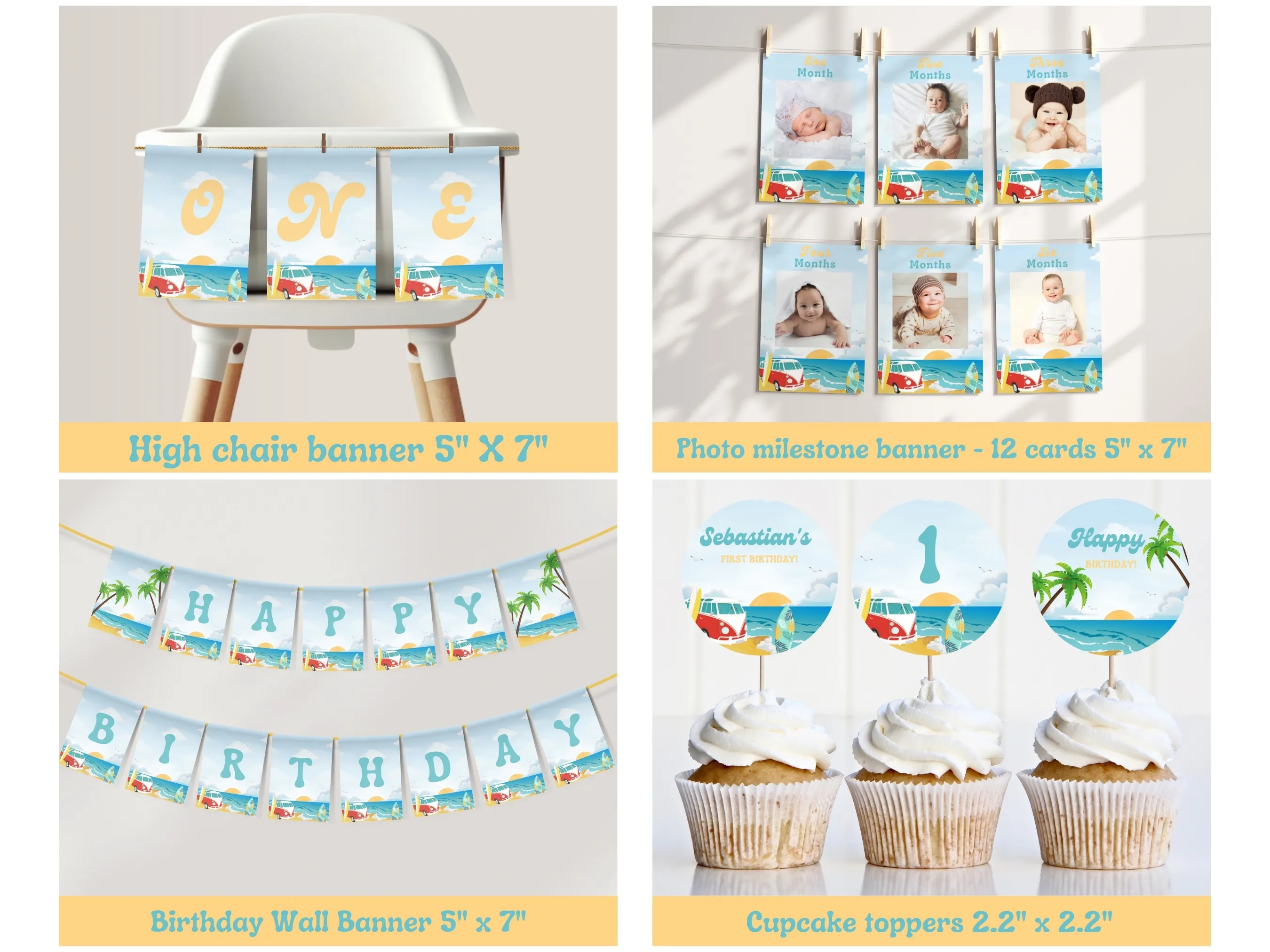 The Big One Birthday Bundle | Surf Birthday Party | Beach Theme | VW Truck | Editable Canva Template | Digital Download