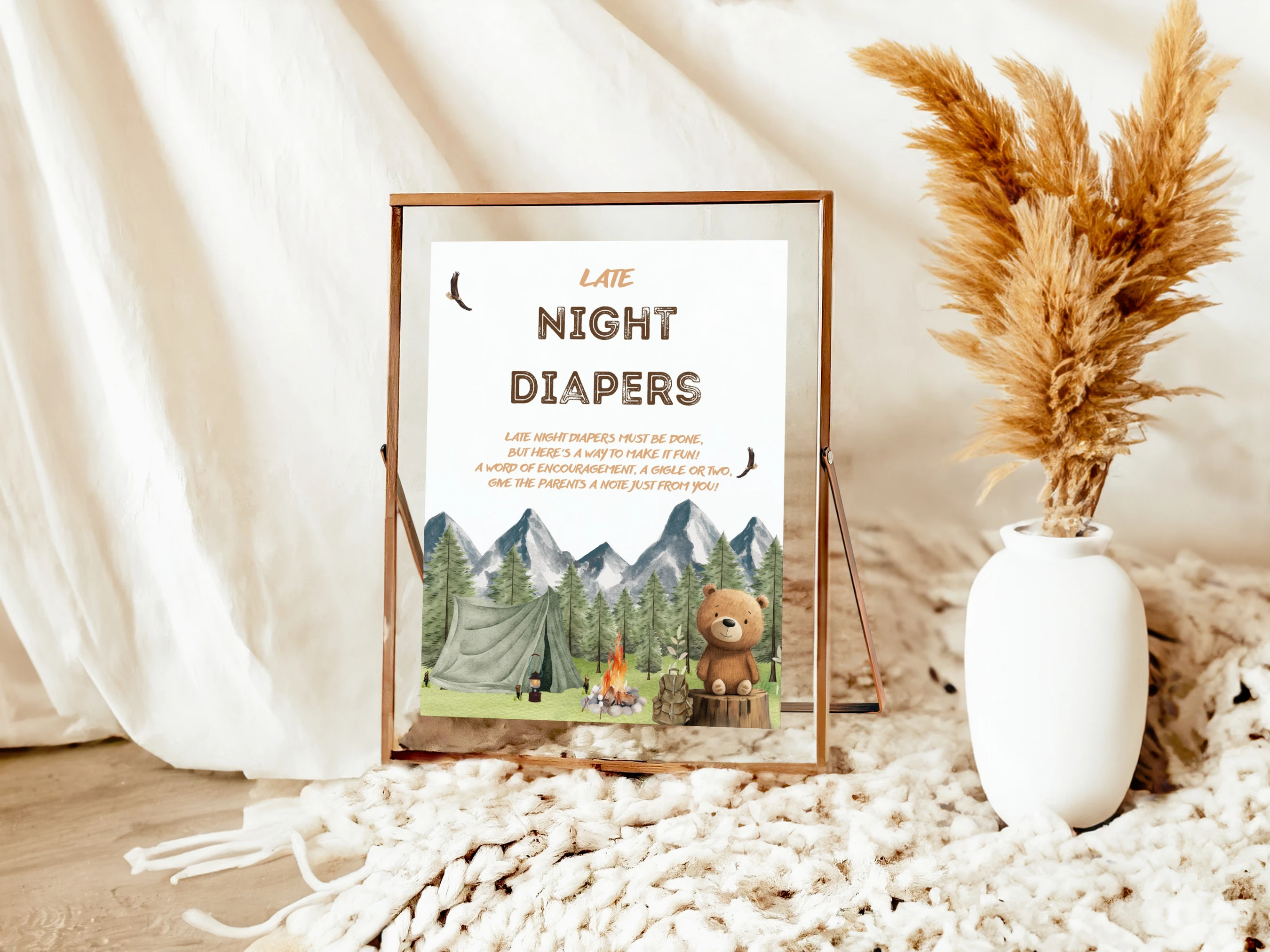 Little Camper Baby Shower Table Signs | Adventure Awaits Late Night Diapers | Pacifier Hunt Sign | Editable Canva Template | Digital Download