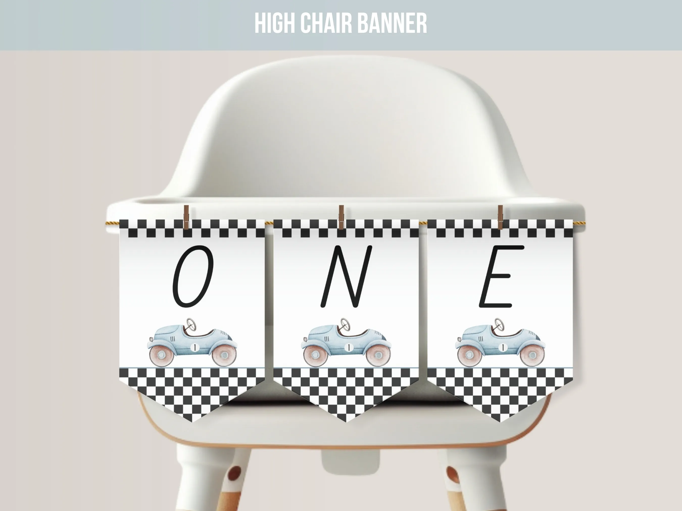 Fast One birthday high chair banner with blue vintage race car and ONE lettering, editable Canva template digital download by fllcdesigns
