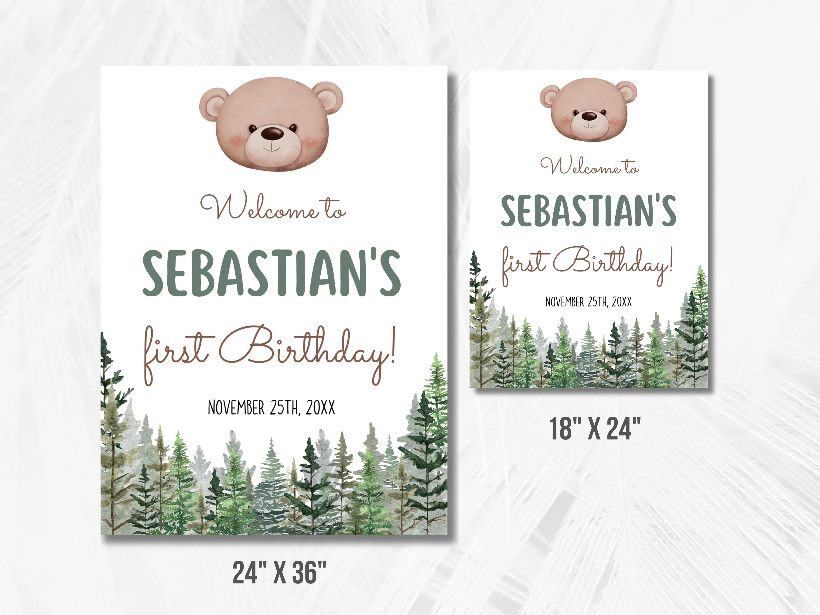Woodland Birthday Welcome Sign | Brown Bear Party Welcome Board | Editable Canva Template | Digital Download