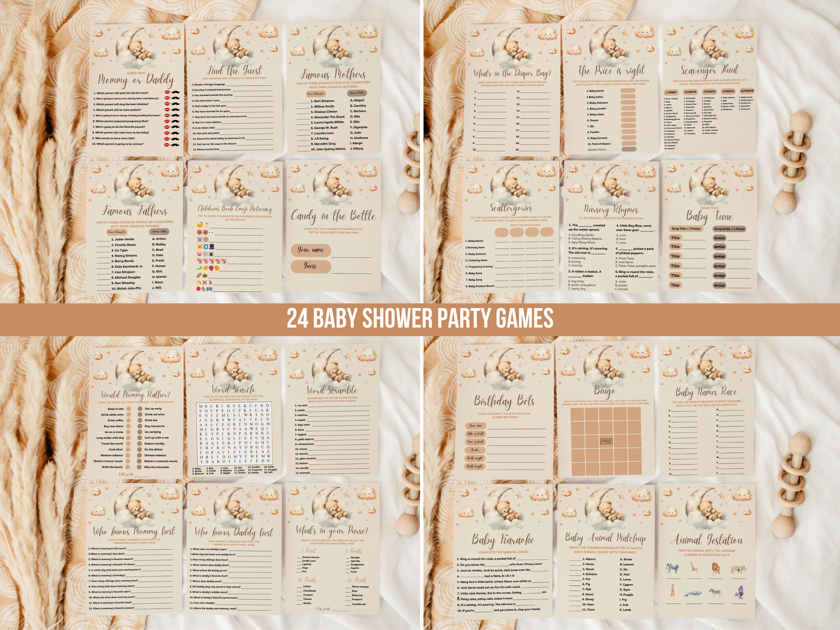 Teddy Bear Baby Shower Games Bundle | Over The Moon Baby Shower Bingo Printable Games | Boho Baby Shower Party Games | Editable Canva Template | Digital Download