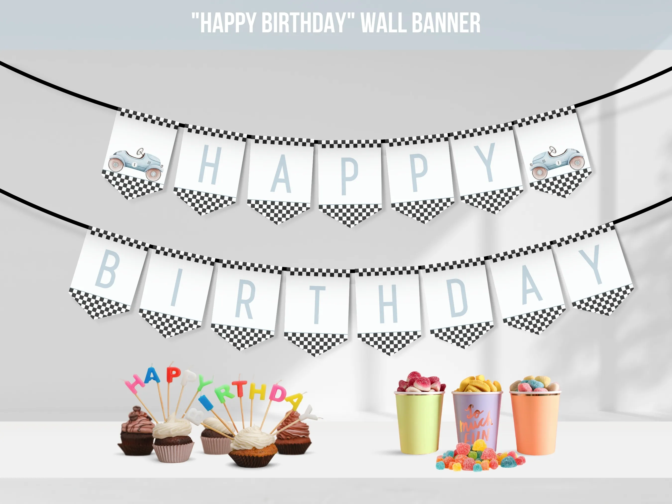 Fast One Happy Birthday wall banner with blue vintage race car theme, customizable birthday bunting for a 1st birthday party, editable Canva template by fllcdesigns