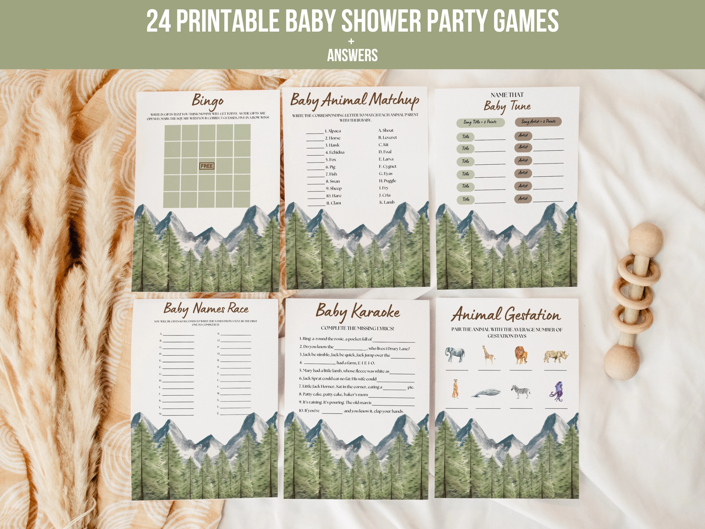 adventure awaits baby shower games bundle, baby shower bingo printable games, woodland baby shower games, 24 printable baby shower games bundle, editable baby shower games Canva