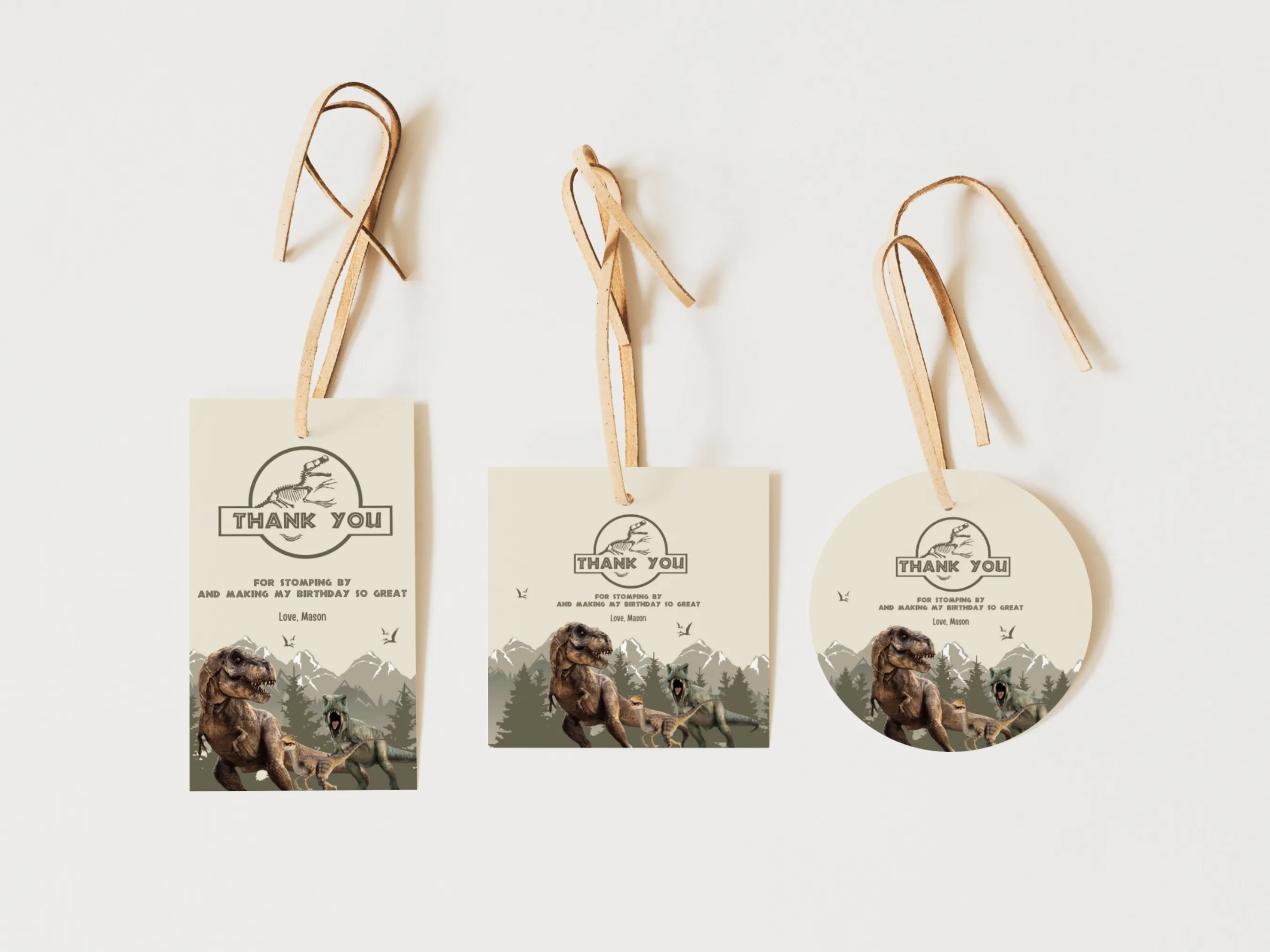 Dinosaur birthday thank you tags with T-Rex and Jurassic theme, green dino party favor labels, editable Canva template by fllcdesigns