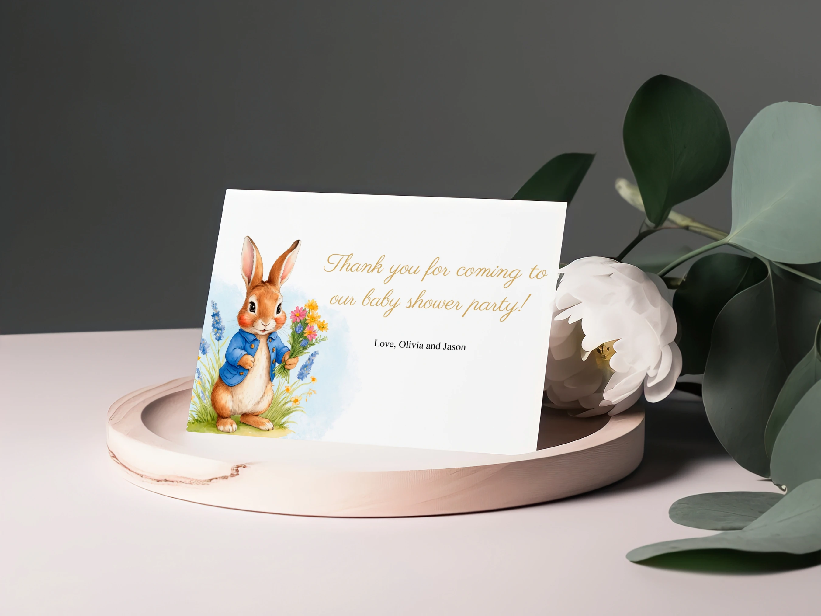 peter rabbit baby shower thank you card, flopsy bunny baby shower thank you note, peter rabbit party thank you card printable, bunny baby shower thank you template, editable baby shower thank you card Canva