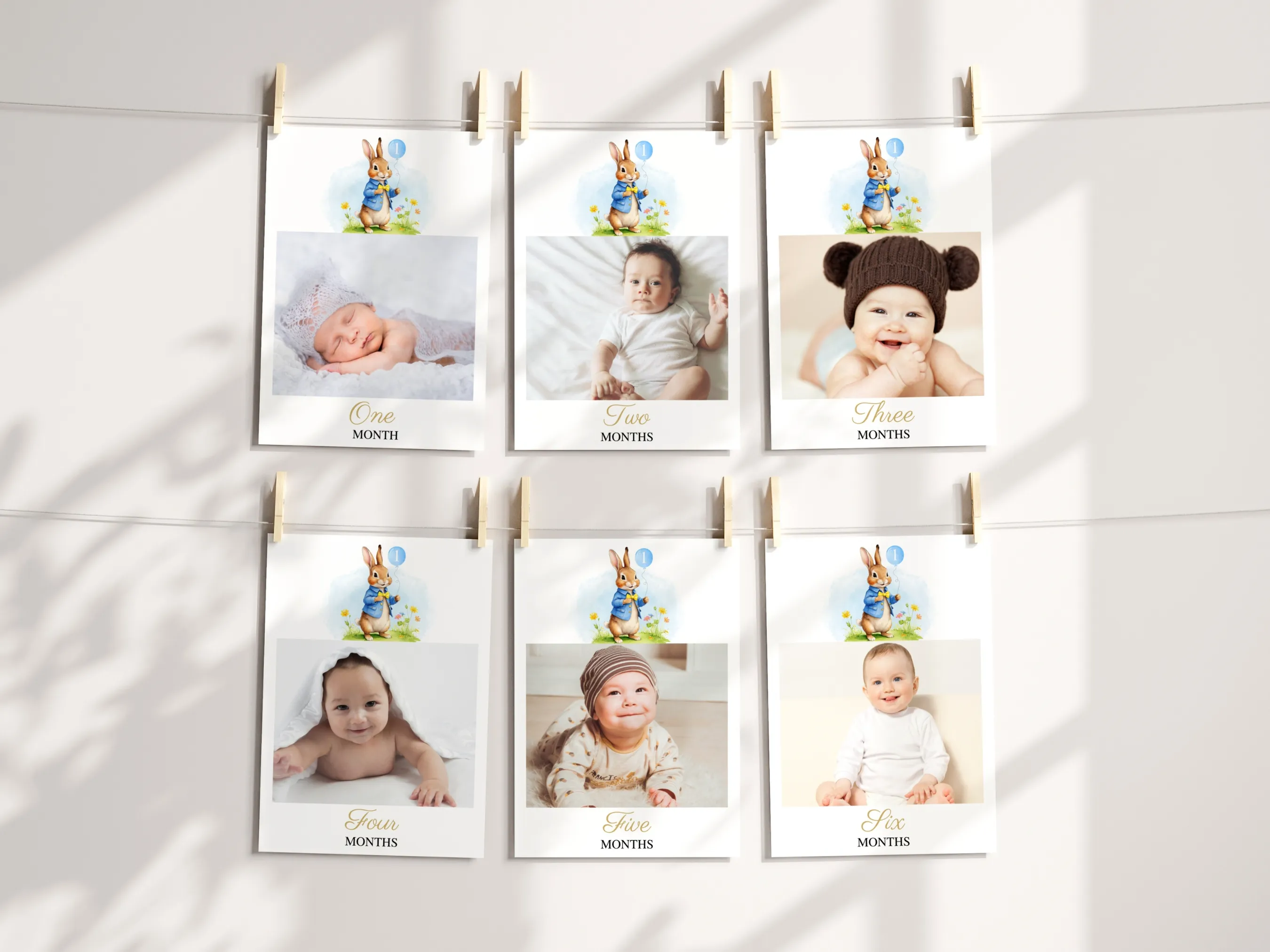 Peter Rabbit baby milestone cards with monthly photo banner design, 1st birthday editable Canva template for cute bunny-themed decorations, digital download.