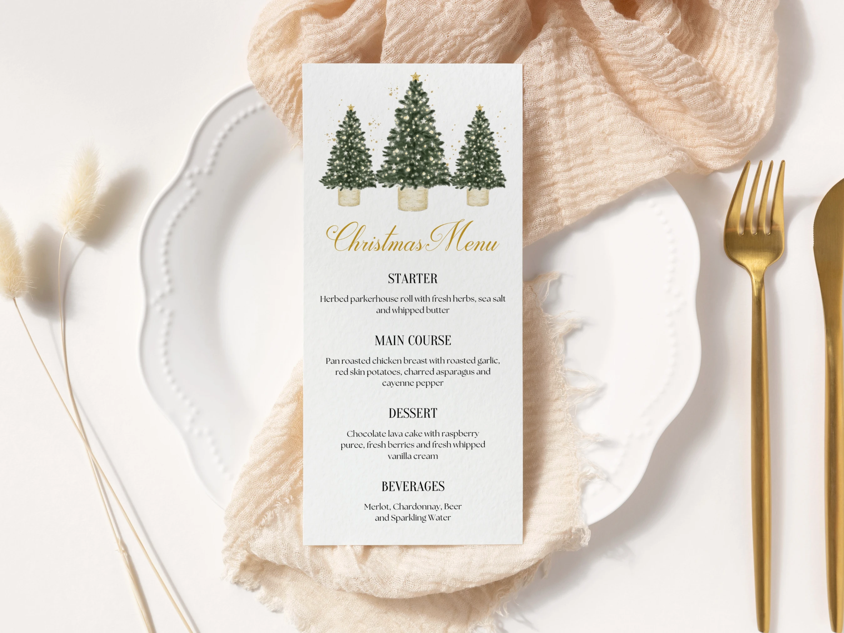 Green and Gold Christmas Tree dinner menu with three evergreen trees, gold stars and glitter details, editable 4 × 9 inch Canva menu template for an elegant Christmas dinner table