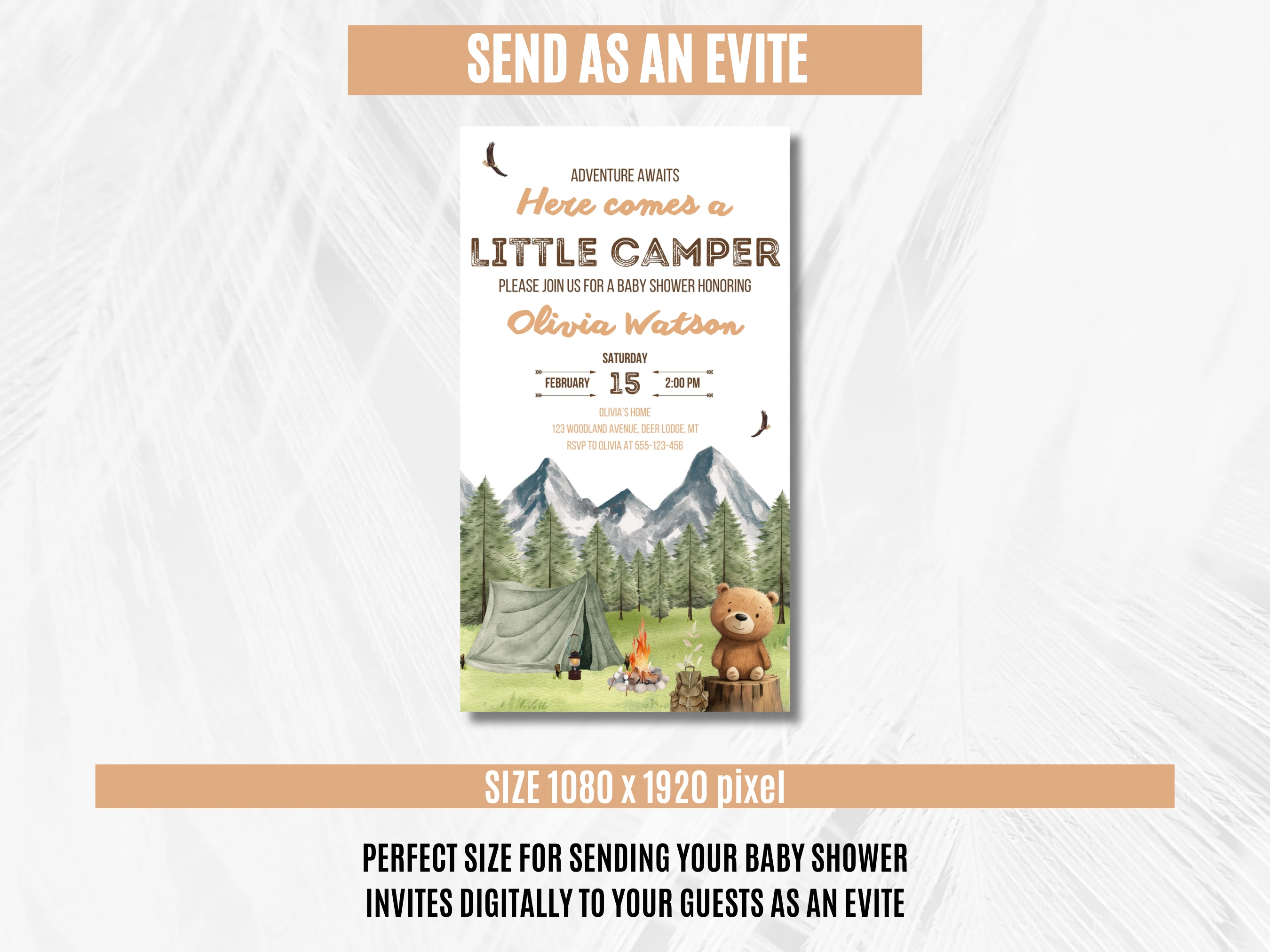 Little Camper Baby Shower Mobile Invitation | Adventure Awaits Woodland Baby Shower Digital Invite | Brown Bear Baby Shower Party | Editable Canva Template | Digital Download