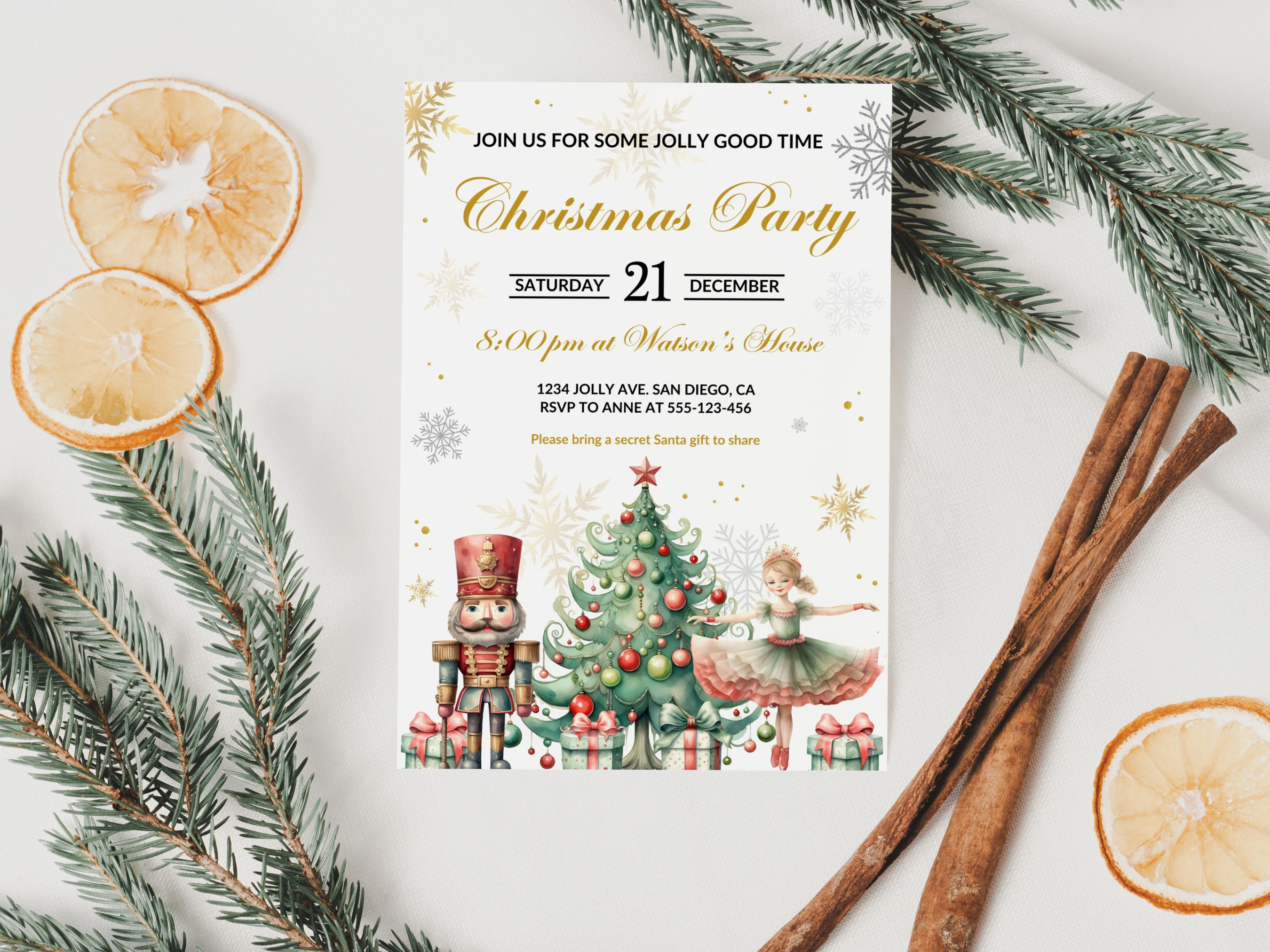 Nutcracker Christmas Party Invitation Template with Christmas tree, nutcracker soldier and festive holiday decorations, editable Canva invitation for a winter Christmas celebration