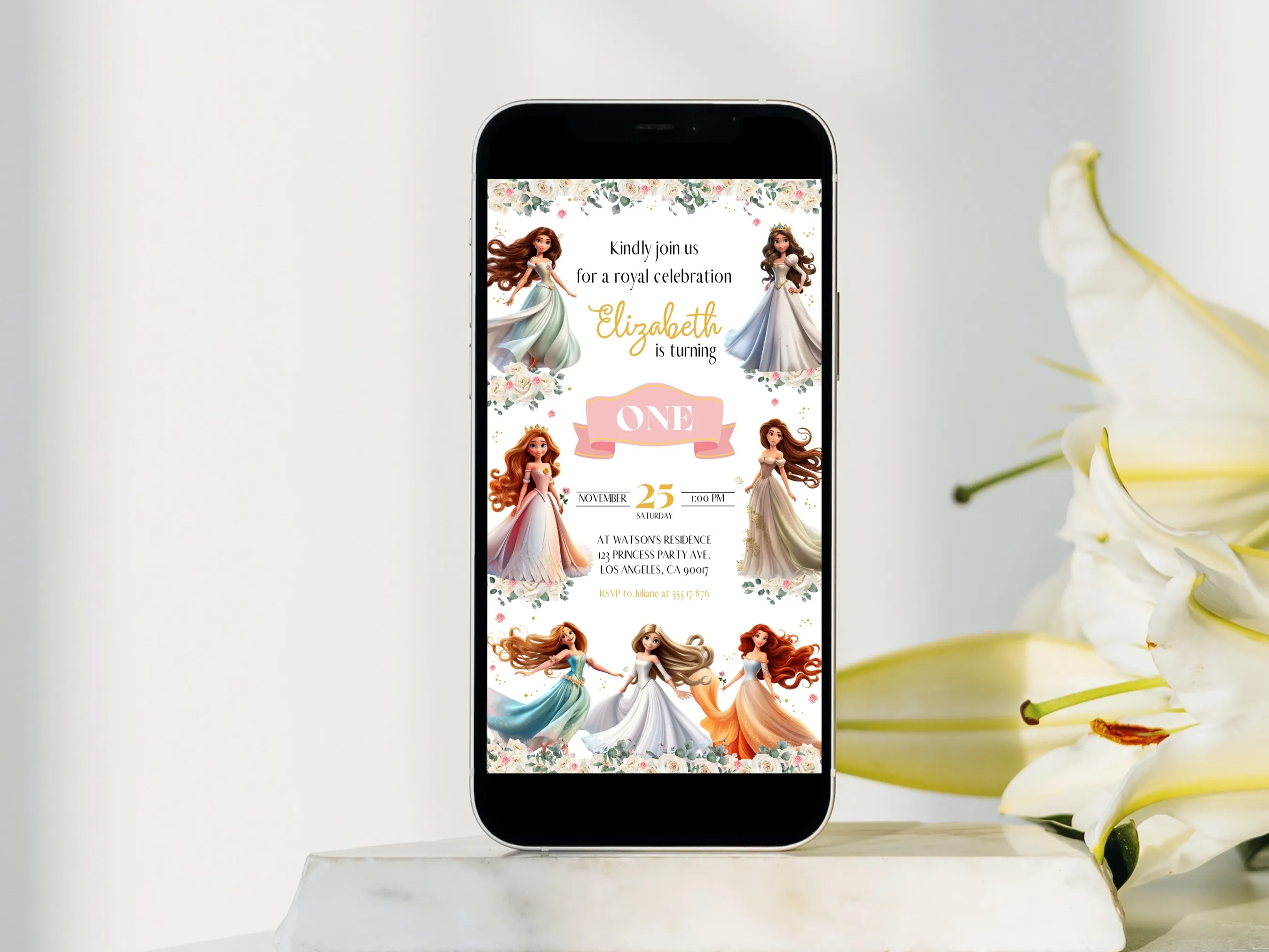 Princess birthday evite with royal floral theme mobile invitation design, editable Canva template for girls’ princess party, digital download.