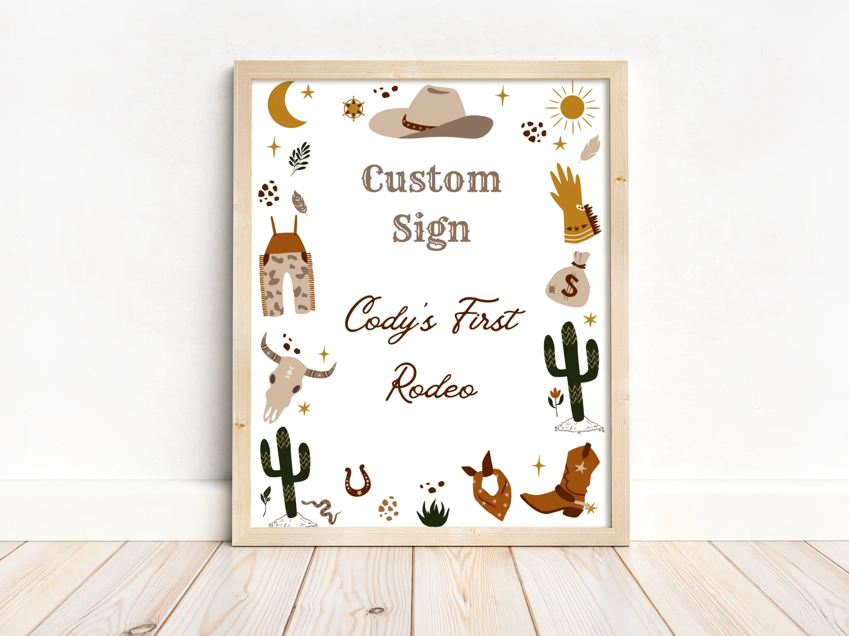 My First Rodeo birthday cards and gifts sign with cowboy western theme, customizable cookie table and gift table sign, editable Canva template by fllcdesigns