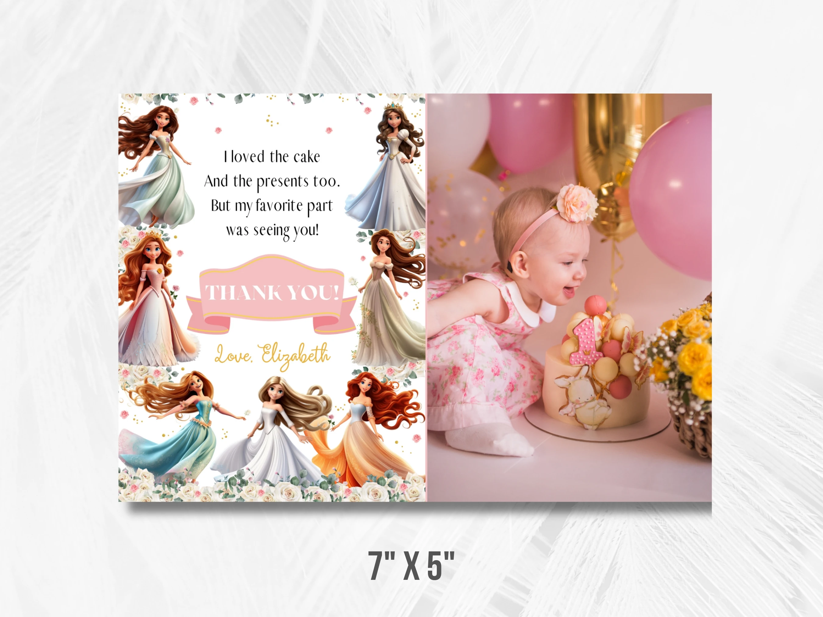Princess Birthday Thank You Card With Photo | Royal Party Birthday Thank You Note | Gold and Pink 1st Birthday Party | Editable Canva Template | Digital Download