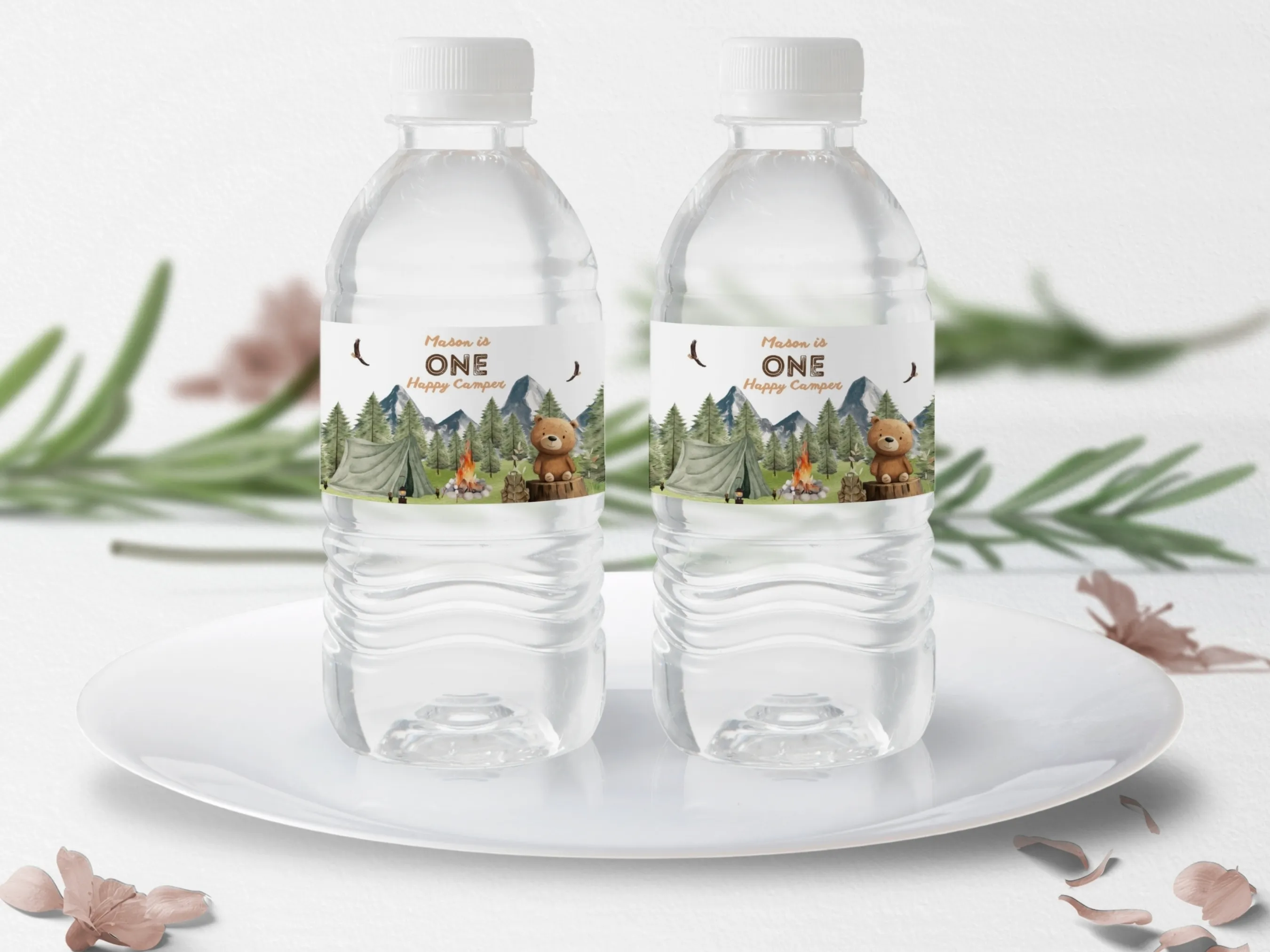 One Happy Camper water bottle labels with camping and woodland theme, editable bottle wraps and bottle stickers by fllcdesigns