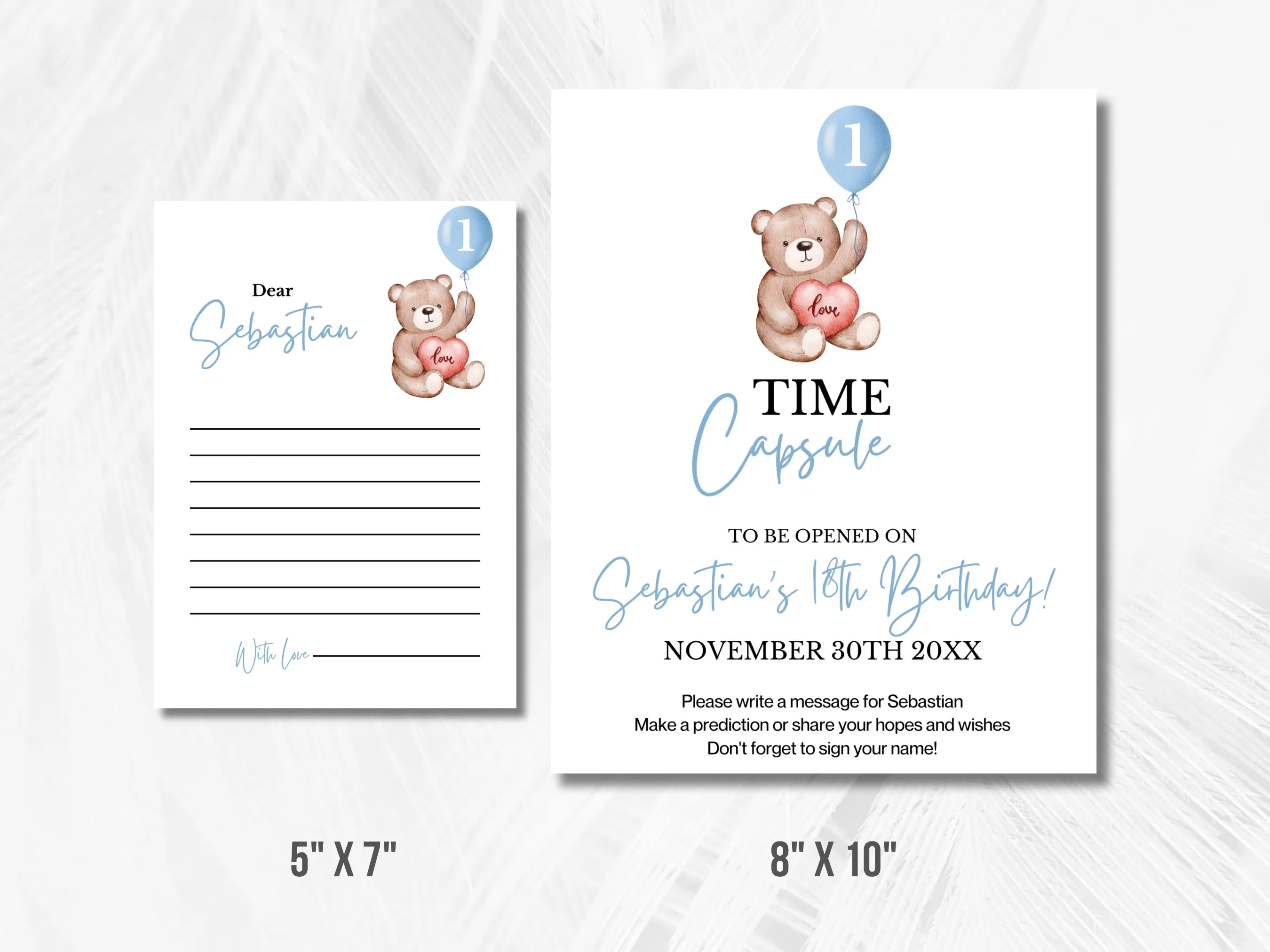 Teddy Bear 1st Birthday Time Capsule Sign & Wishes Card | Birthday Guest Book | Editable Canva Template | Digital Download