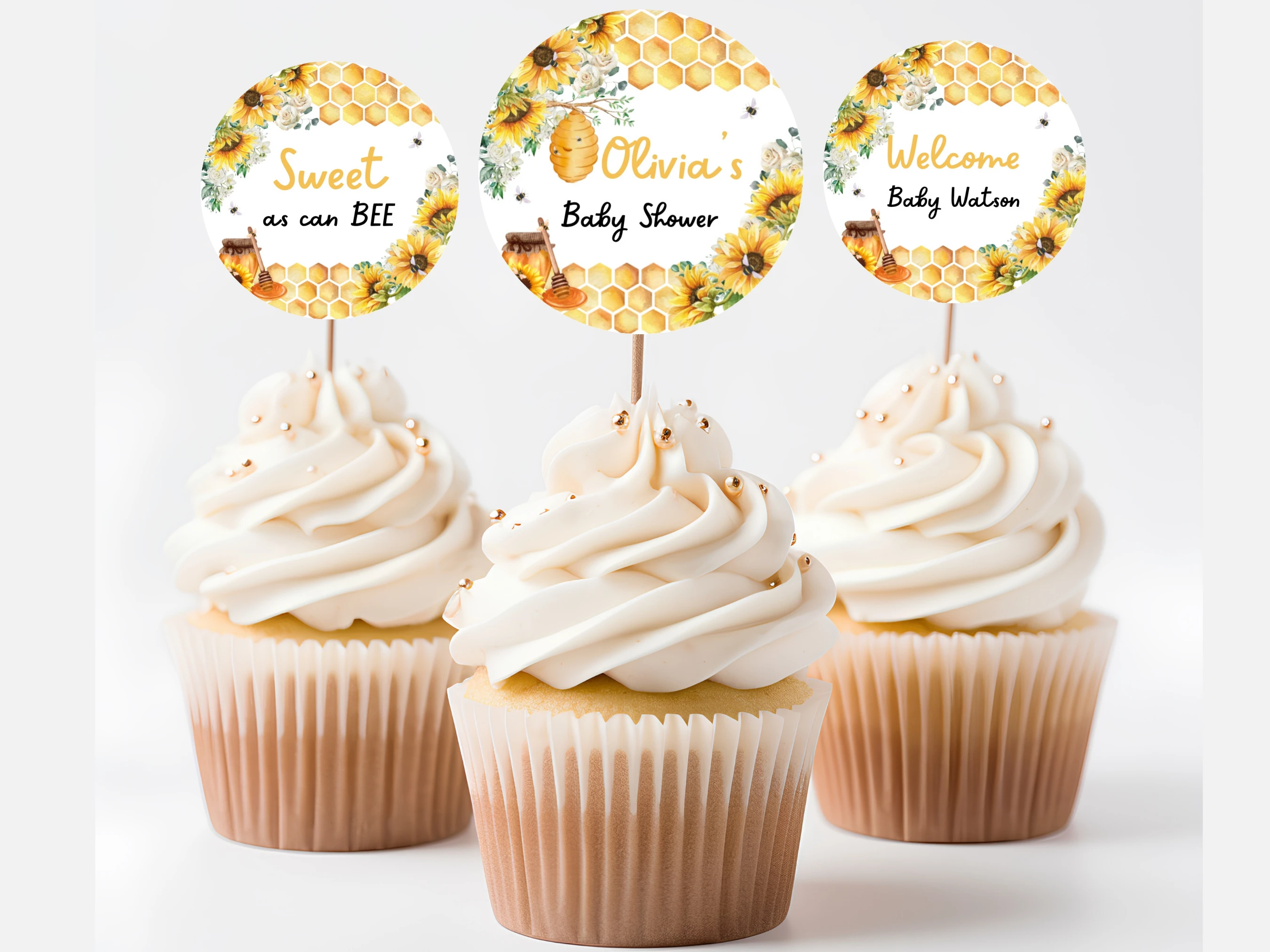 honey bee baby shower cupcake toppers sunflower bumble bee decor canva template digital download, sunflower bumble bee baby shower cupcake topper bee baby shower decorations canva template