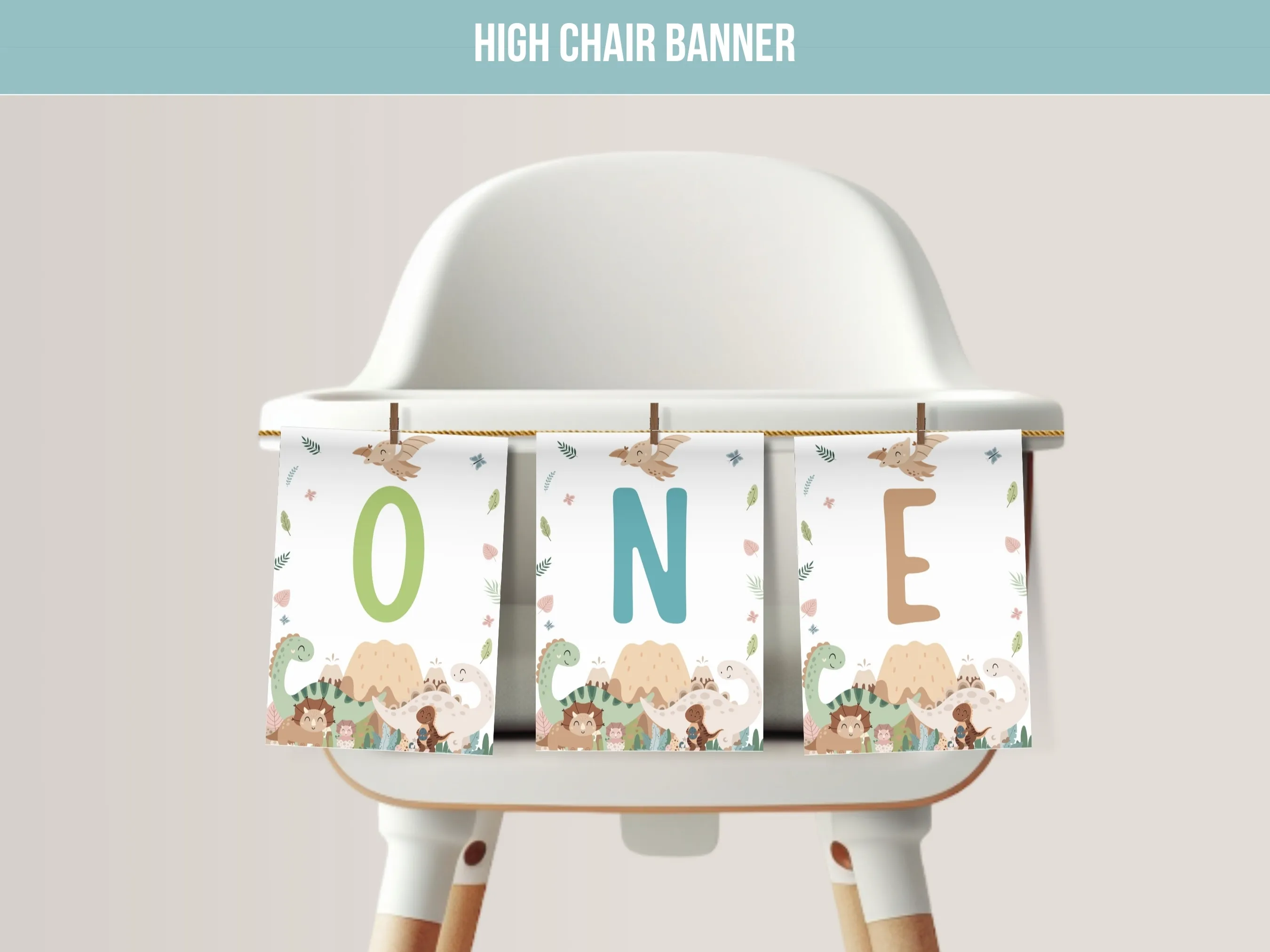 Baby boy dinosaur birthday high chair banner with ONE lettering for a dino party, editable Canva template digital download by fllcdesigns