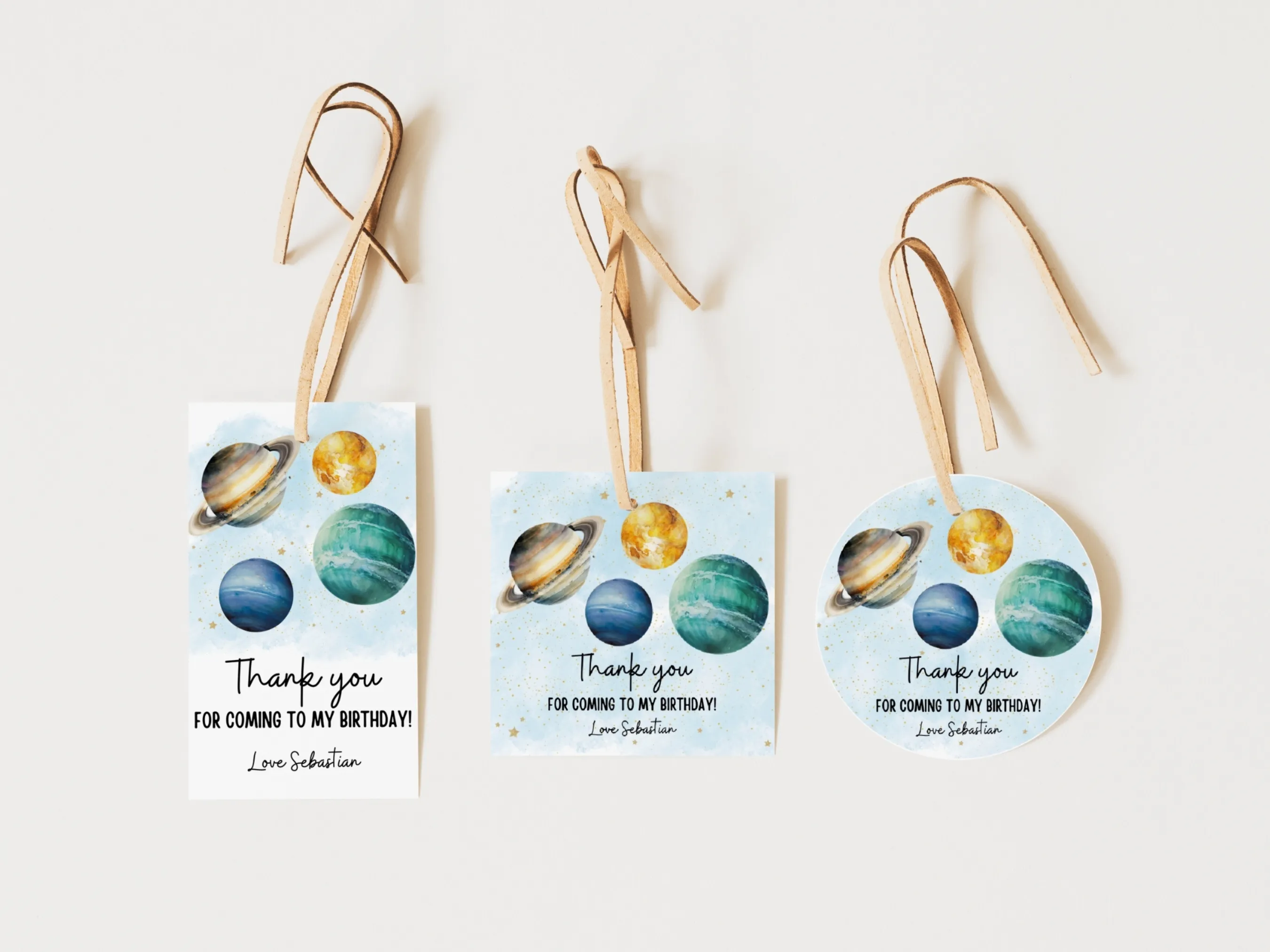 First Trip Around the Sun birthday gift tags with outer space theme, planets and stars, editable Canva favor tags by fllcdesigns