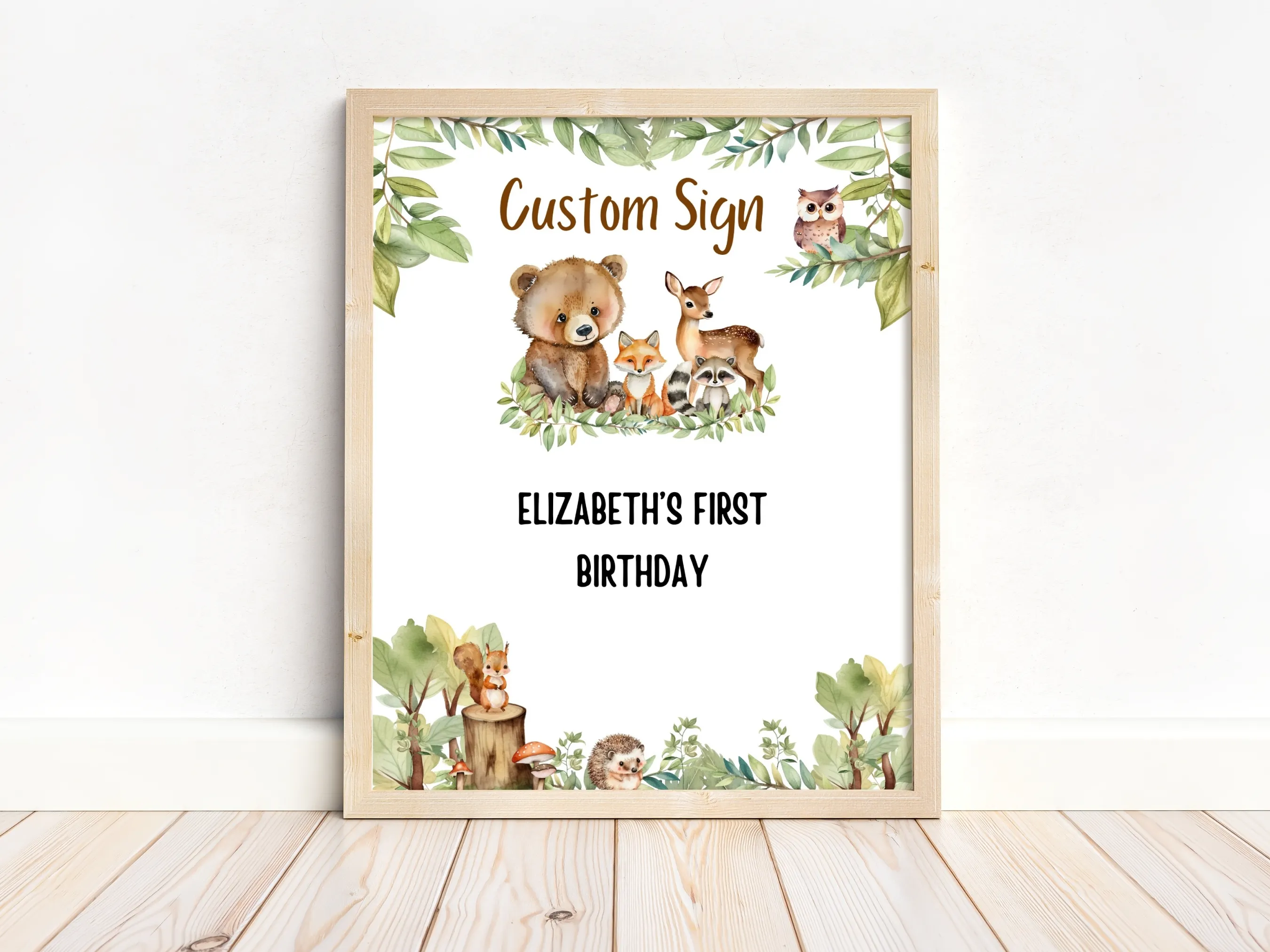 Woodland custom birthday sign with forest animal theme, customizable cards and gifts or cookie table sign, editable Canva template by fllcdesigns