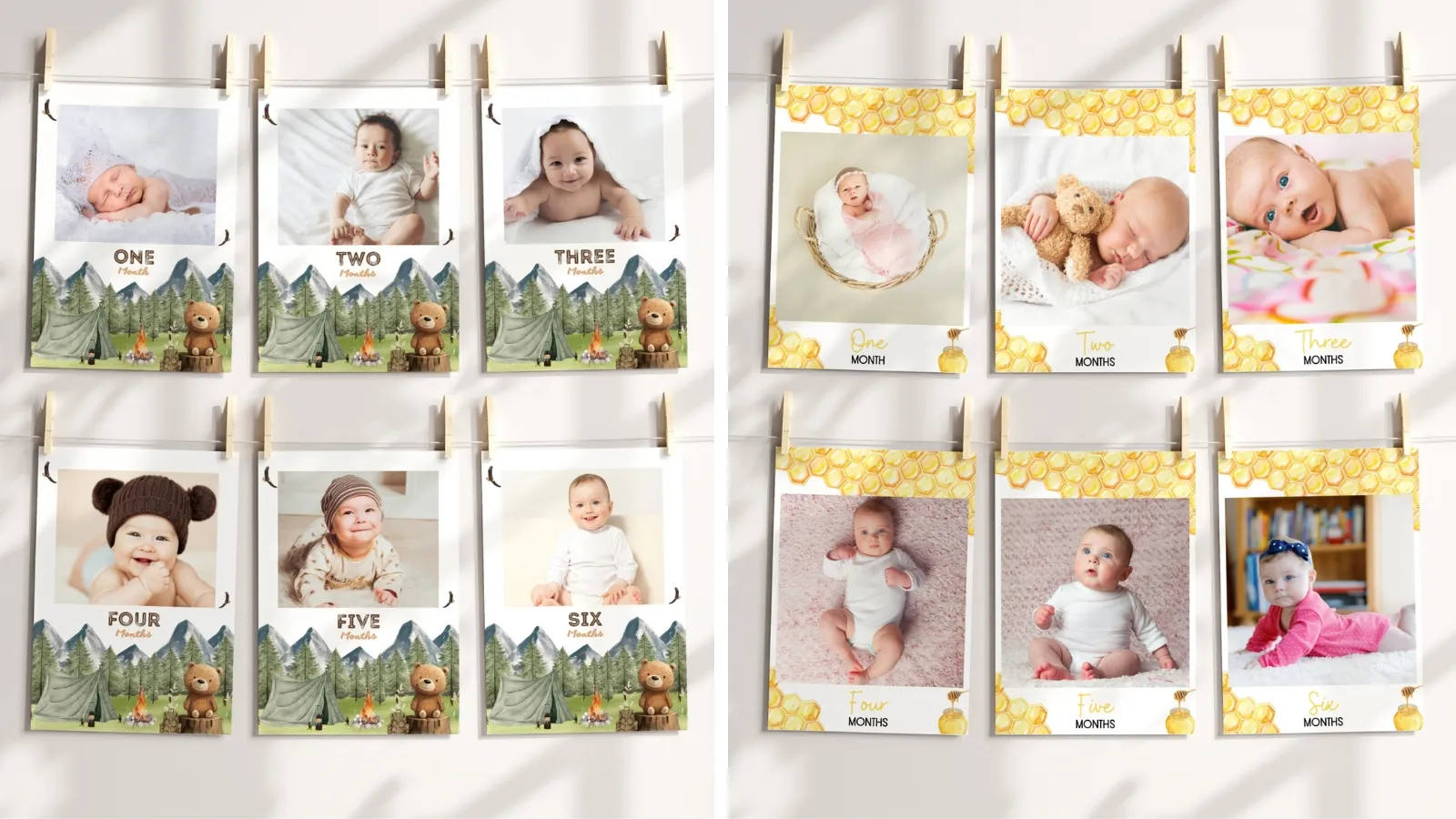 1st birthday photo banner for boys and girls with 12 months wall display, editable Canva template for personalized birthday decoration, digital download.