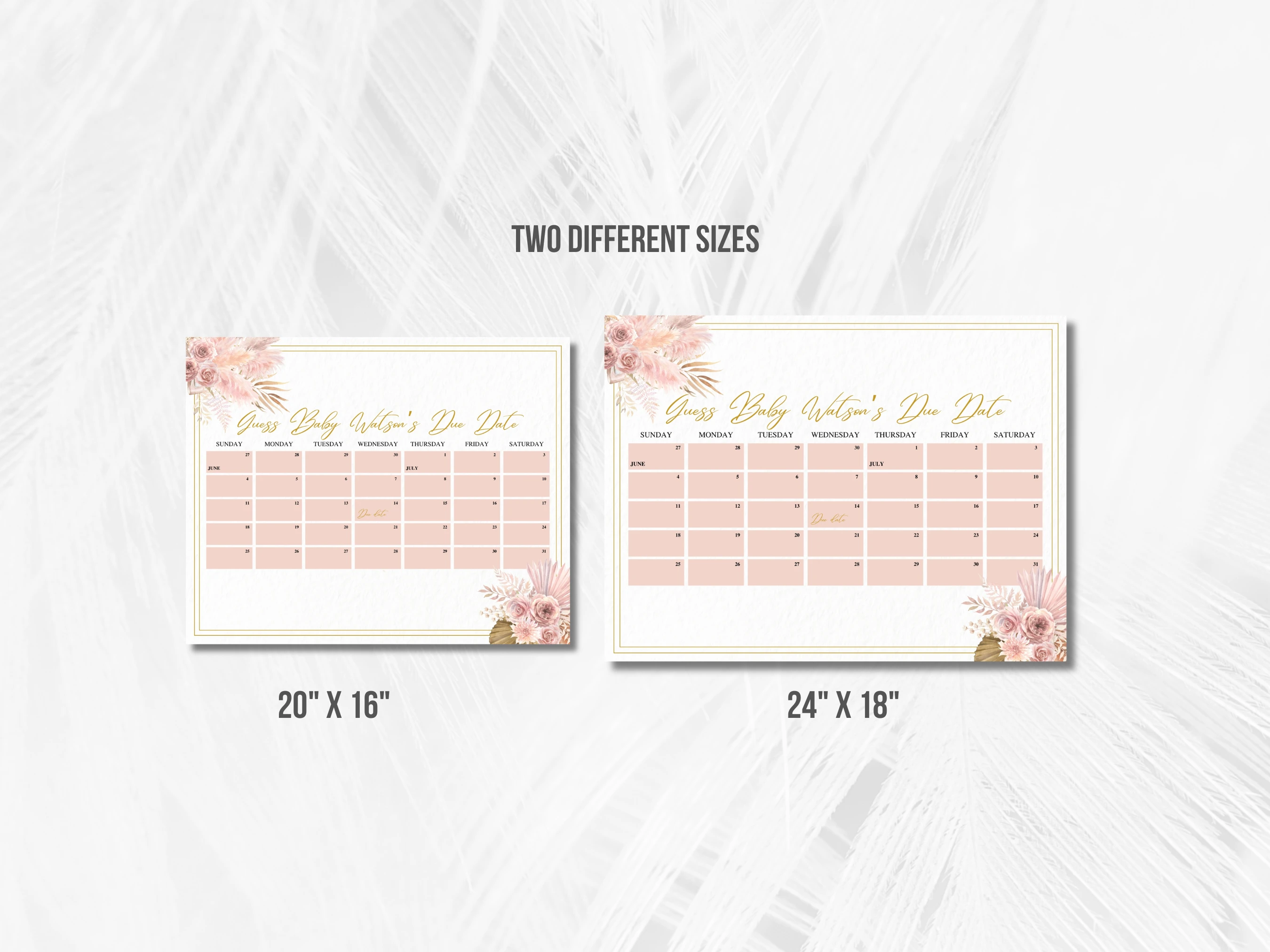 Boho Baby Due Date Calendar | Pampas Grass Prediction Game | Rose Gold Guess The Birthday For Baby Girl | Editable Canva Template | Digital Download