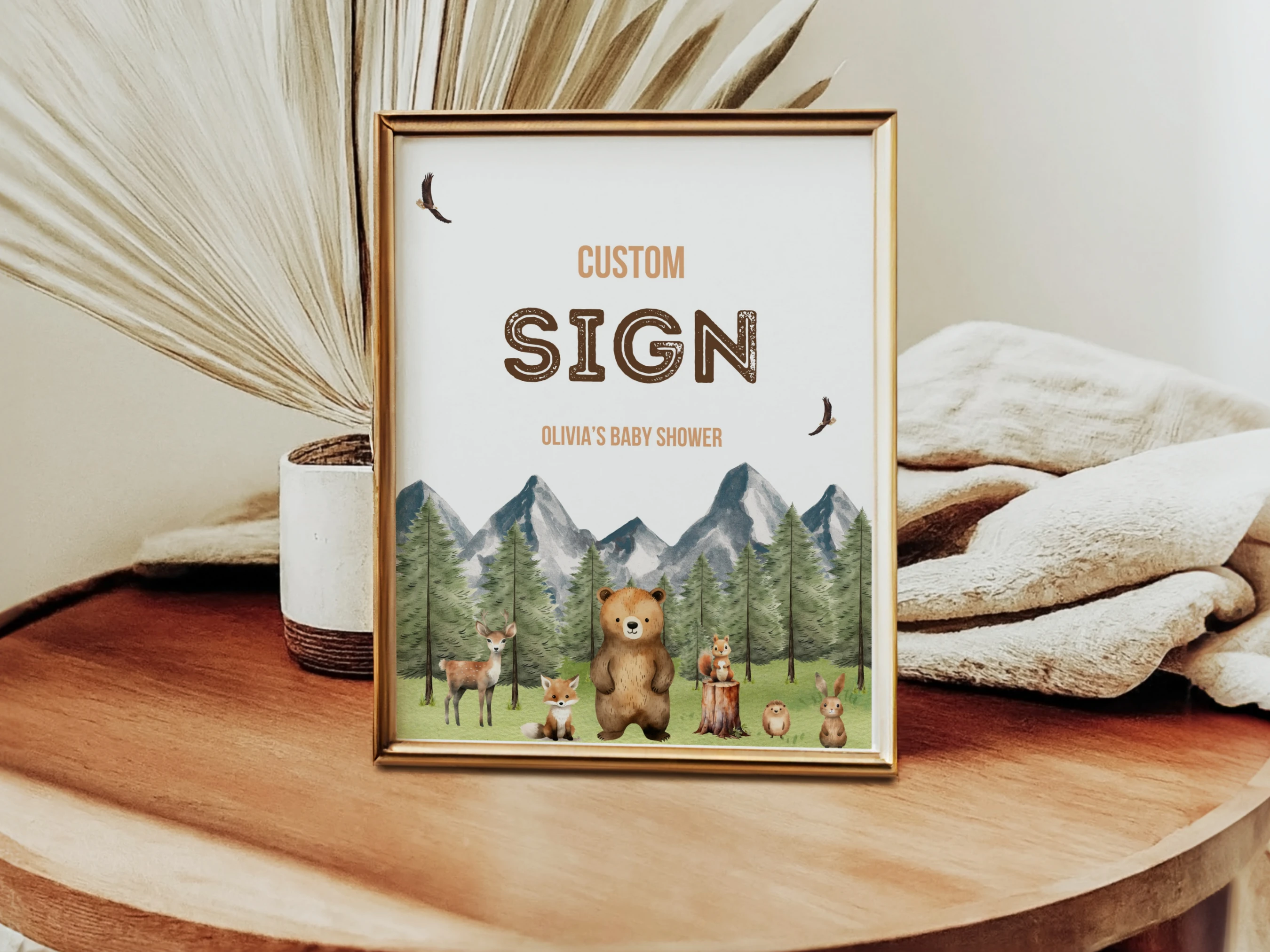 forest animals baby shower table sign printable, woodland baby shower pacifier hunt sign, adventure awaits baby shower diaper raffle sign, forest animals late night diapers baby shower sign, editable baby shower sign Canva