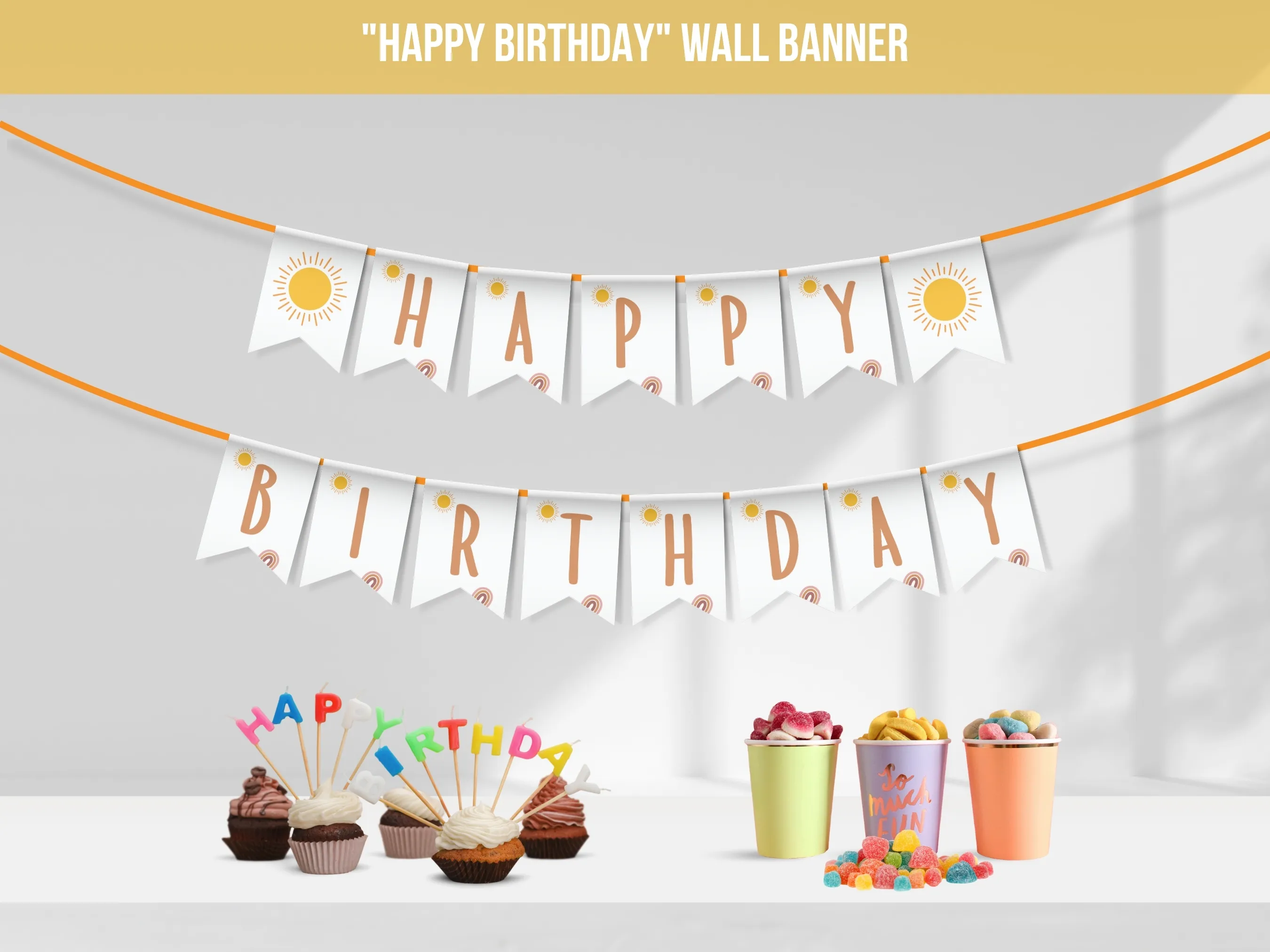 Sunshine Happy Birthday banner with boho sun theme, customizable birthday bunting and wall banner for a 1st birthday girl, editable Canva template by fllcdesigns