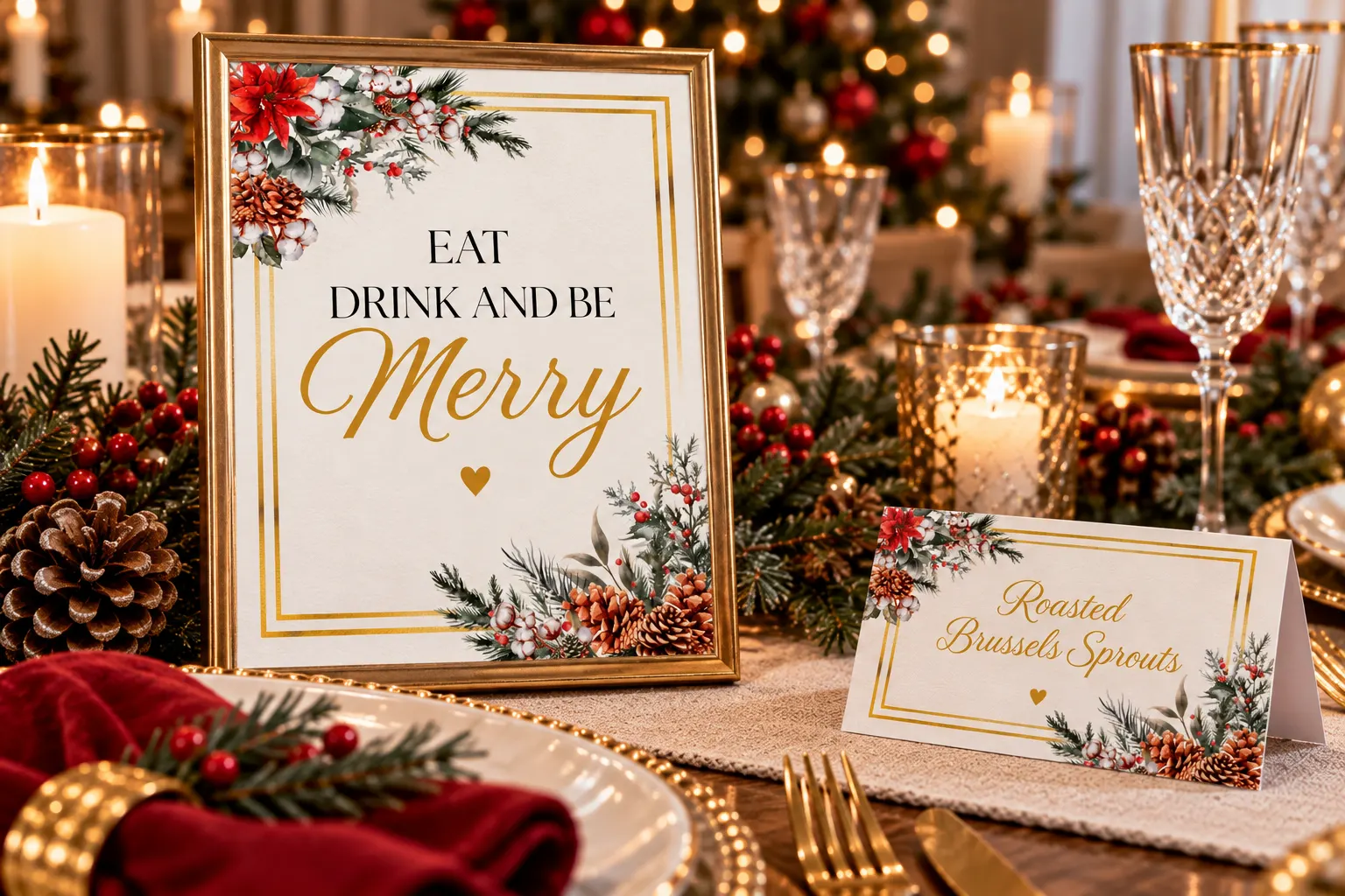 Christmas table decorations with framed festive sign, greenery, candles, poinsettias and holiday place card