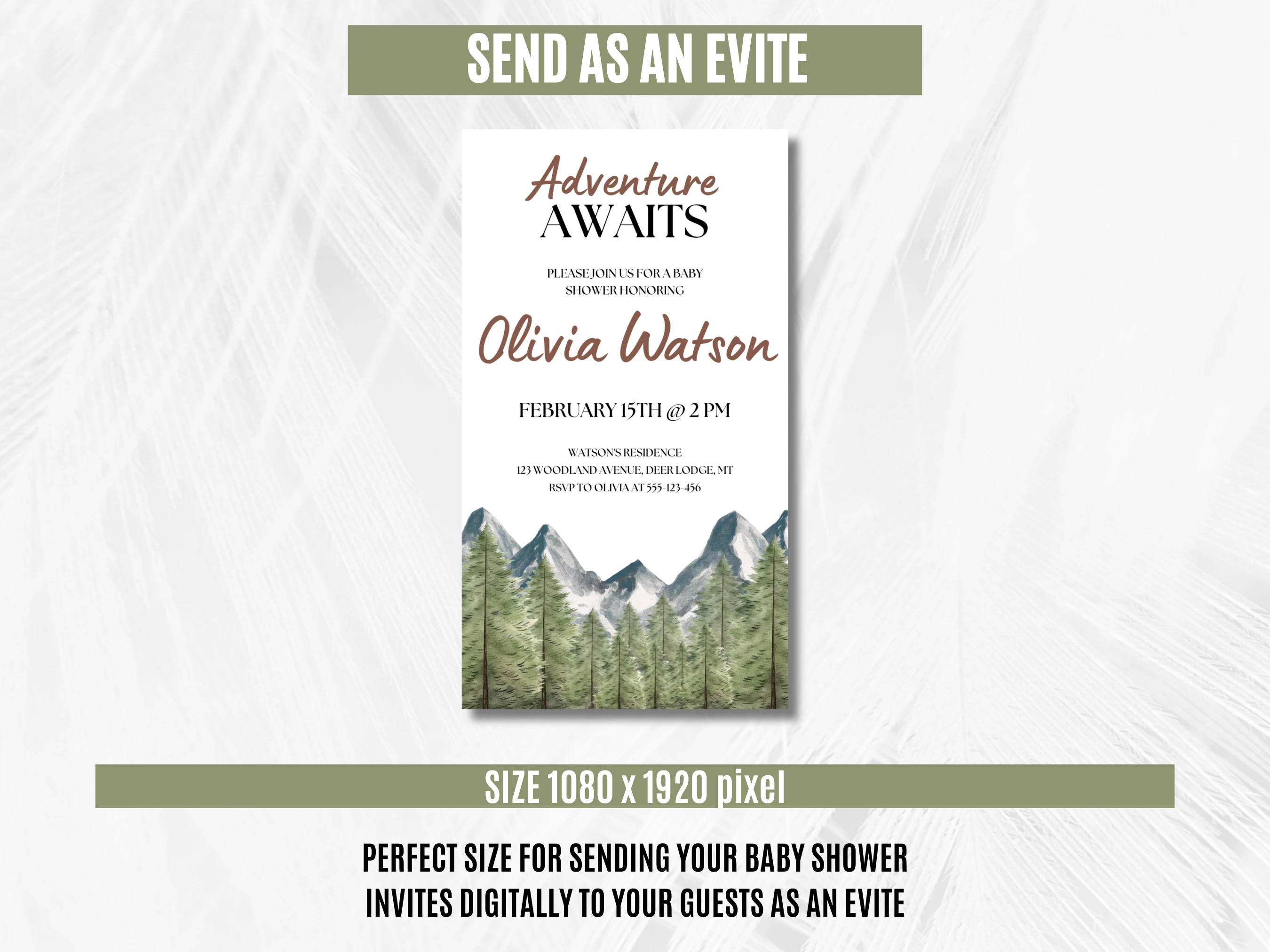 Adventure Awaits Baby Shower Mobile Invitation | Woodland Baby Shower Digital Invite | Mountain Baby Shower Party | Editable Canva Template | Digital Download