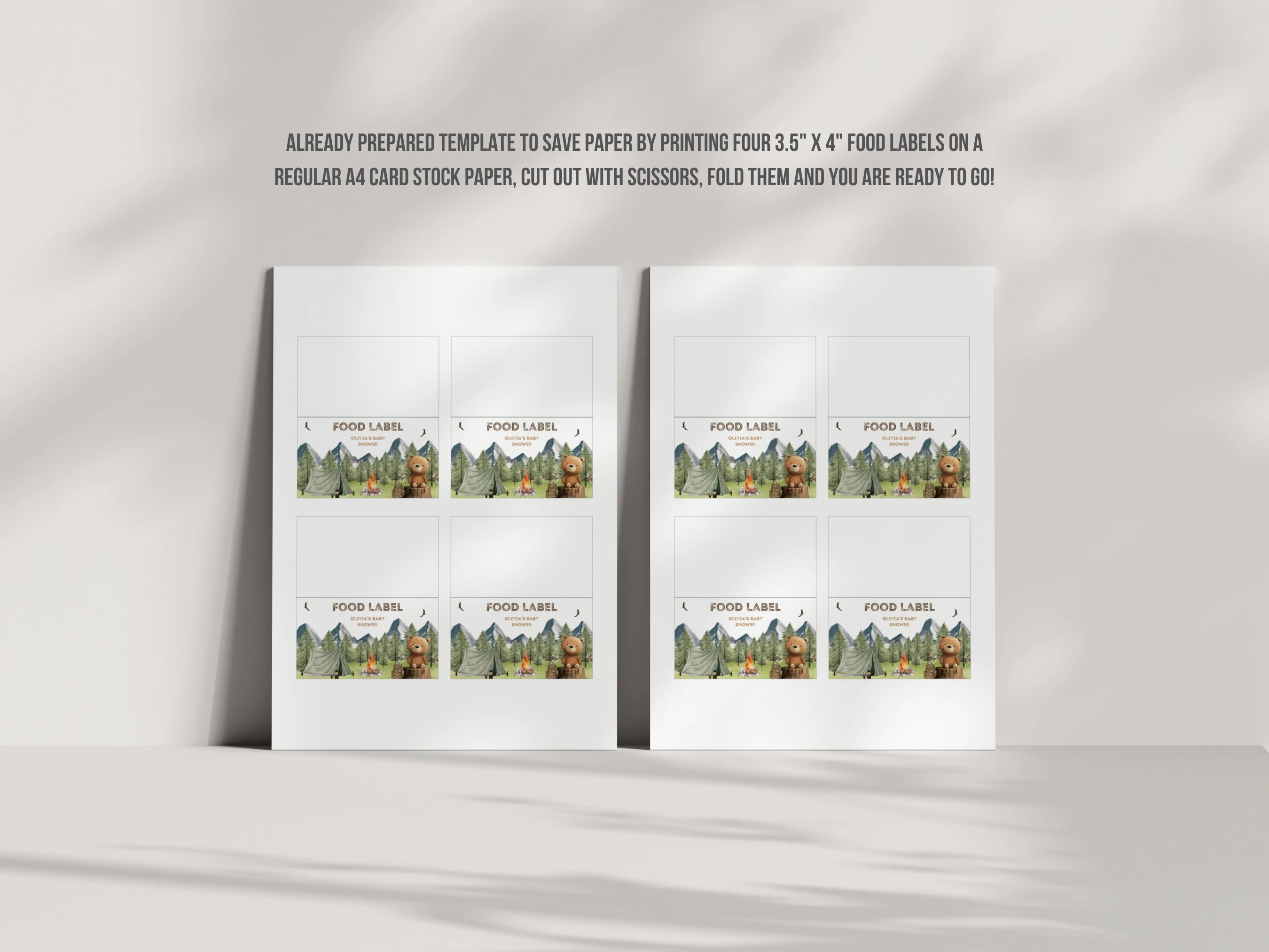 Little Camper Baby Shower Place Cards | Woodland Bear Theme Seating Cards For Baby Boy | Editable Canva Template | Digital Download