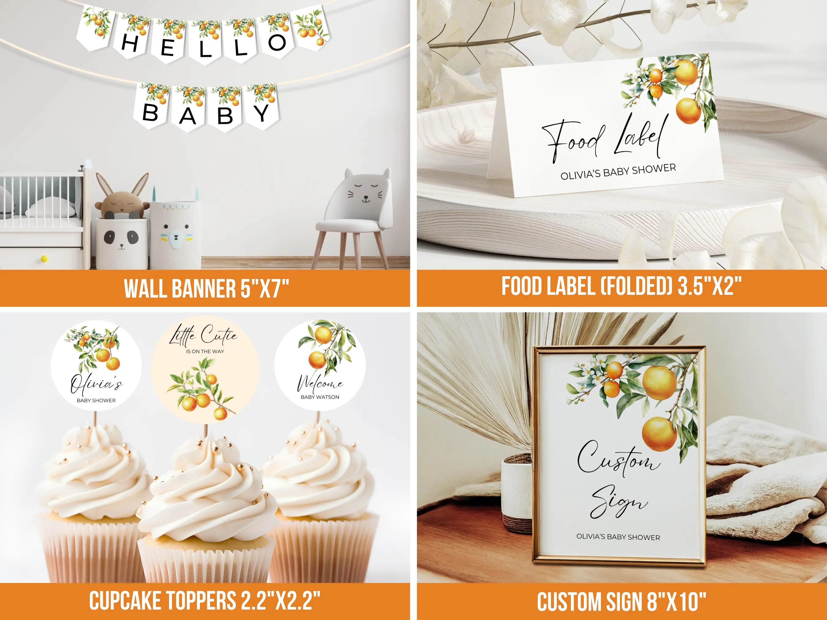 Little Cutie Baby Shower Bundle | Clementine Theme Canva Templates | Digital Download