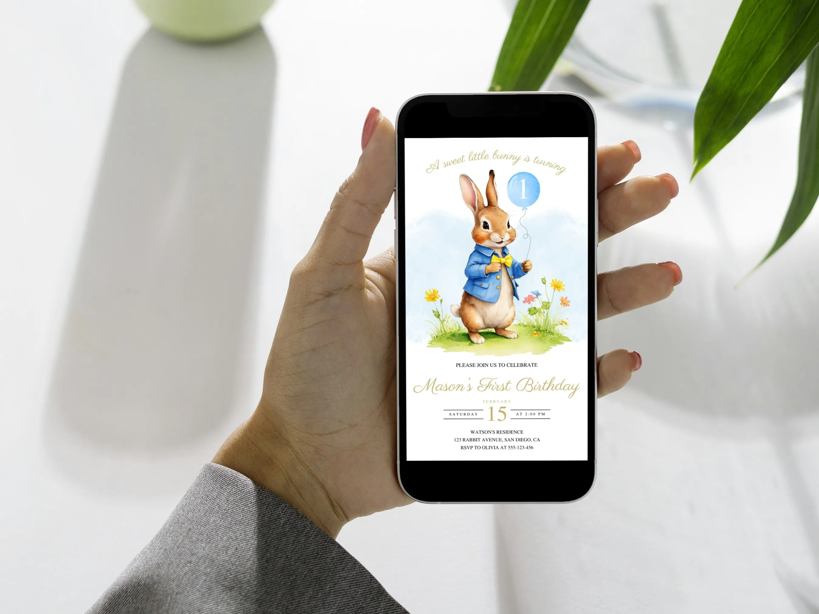 Peter Rabbit Birthday Mobile Invitation | Flopsy Bunny Digital Invitation | 1st Birthday Boy Invite | Editable Canva Template | Digital Download