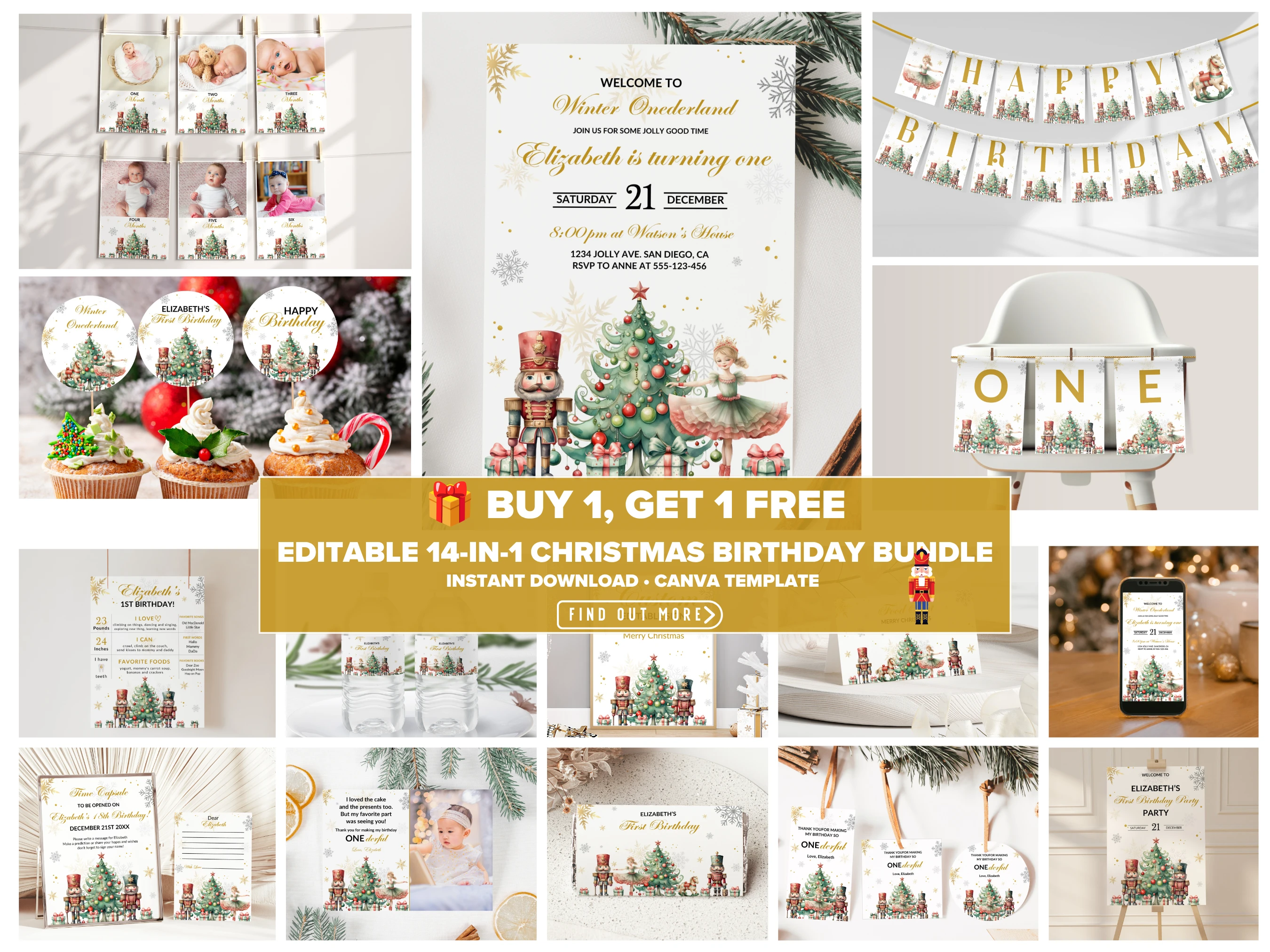 Nutcracker Winter Wonderland first birthday bundle with ballerina, Christmas tree, snowflakes, invitation, photo cards, banners, milestone sign and editable Canva templates