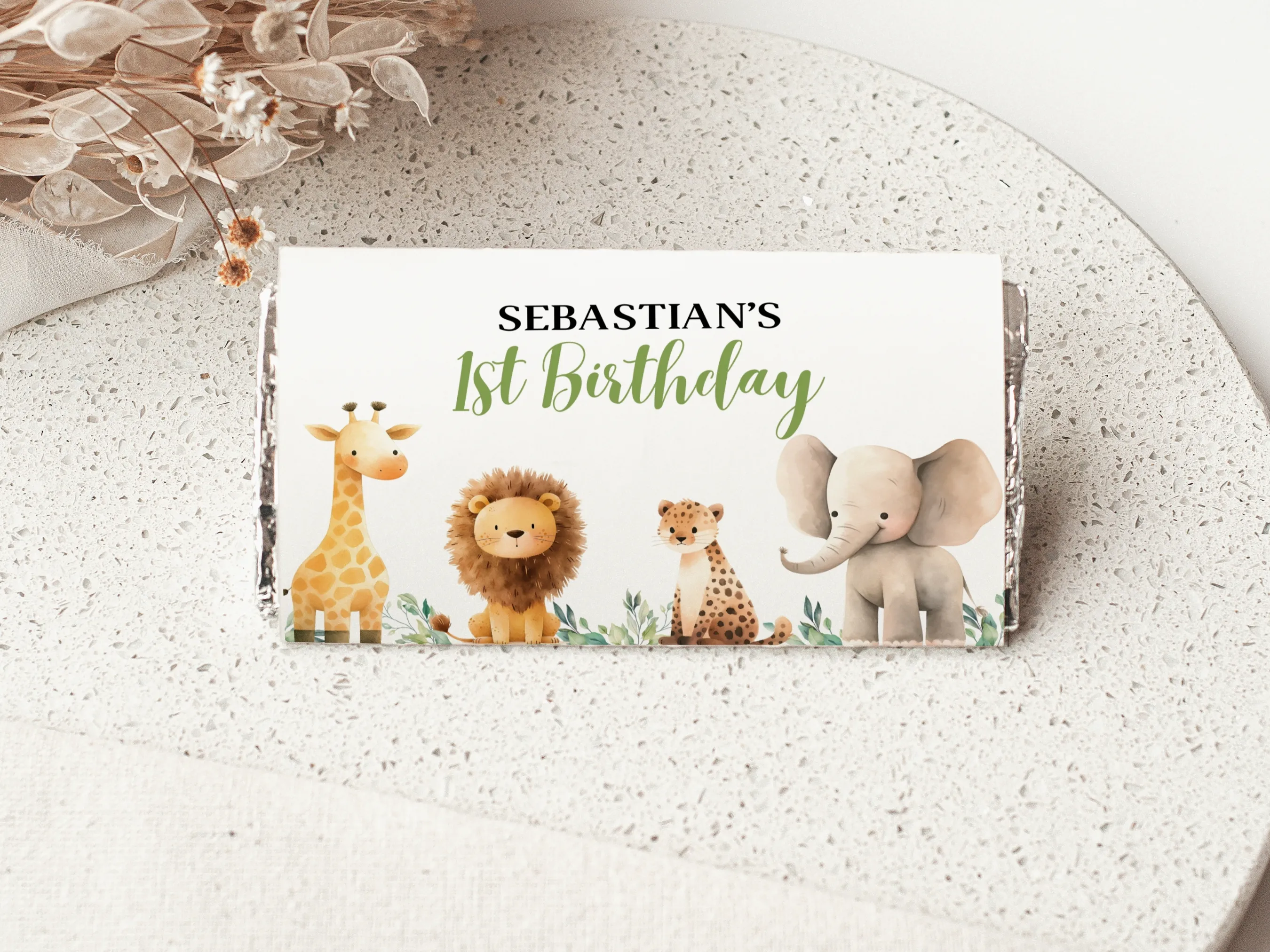 Wild One safari birthday chocolate wrappers with jungle animals theme, matching candy wrappers and candy bar labels, editable Canva template by fllcdesigns