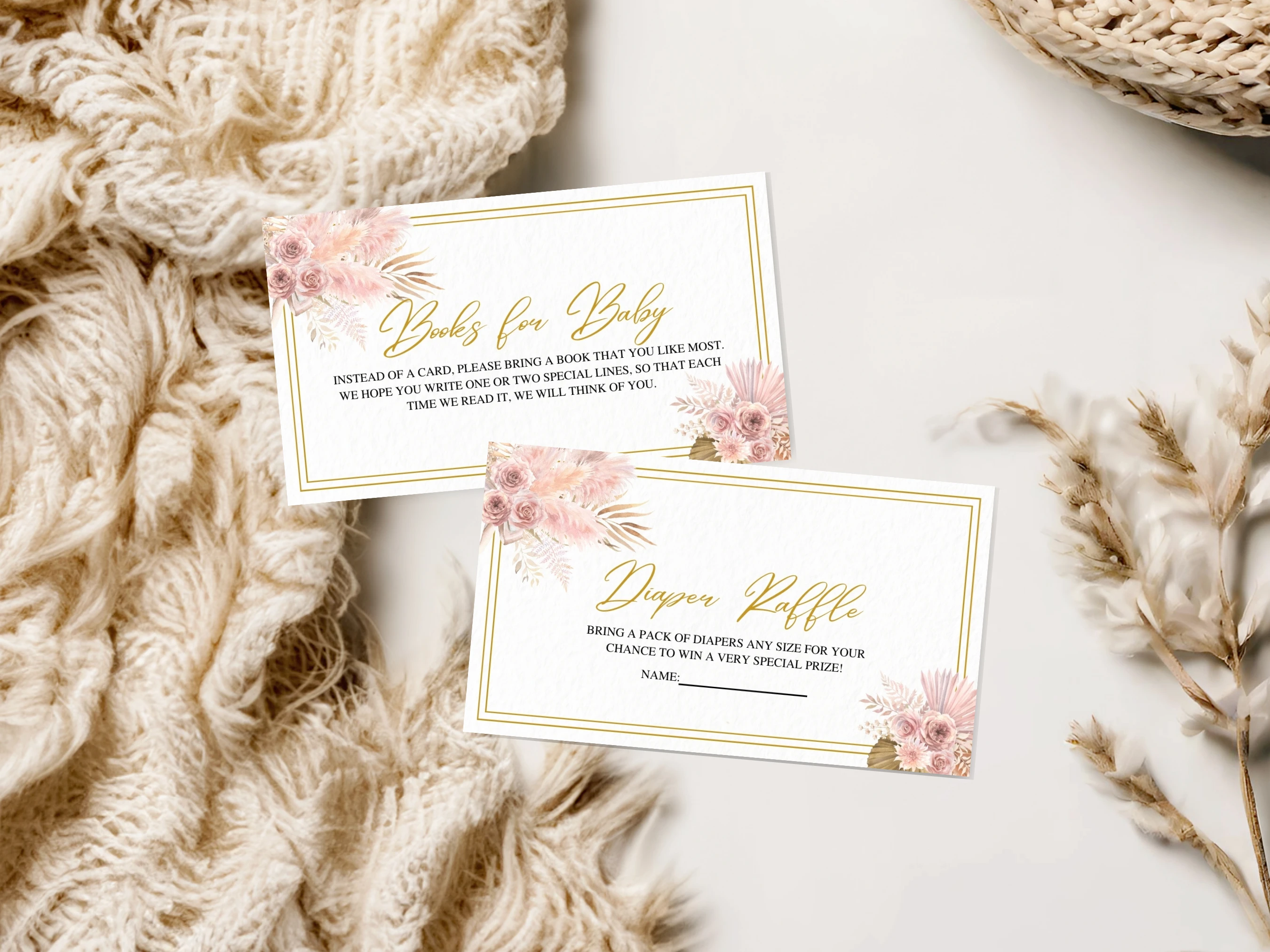 Boho Baby Shower Diaper Raffle Card | Rose Gold Pampas Grass Books For Baby Card | Editable Canva Template | Digital Download