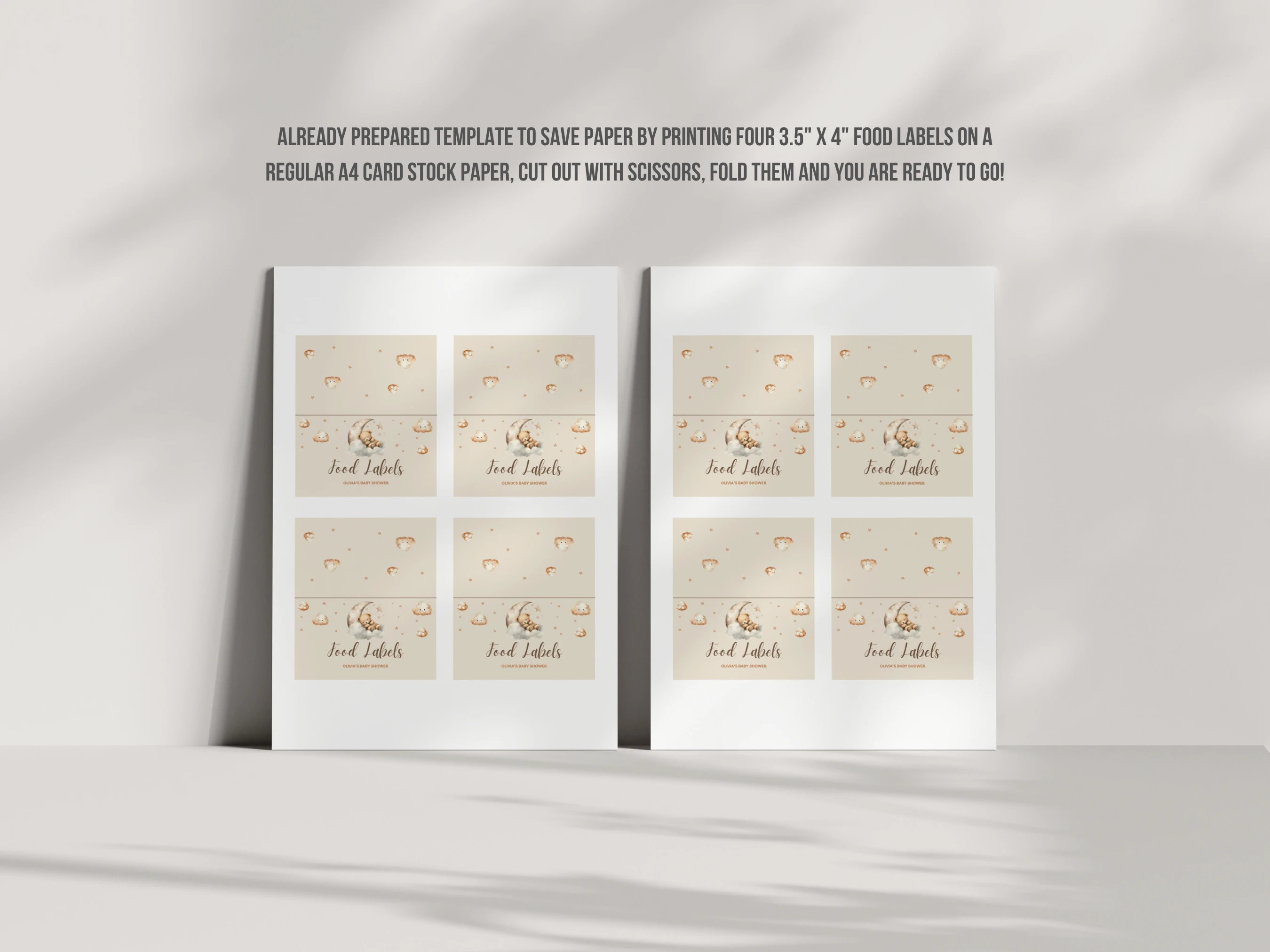 Sleeping Teddy Bear Baby Shower Place Cards | Over The Moon Beige Gold Seating Cards | Editable Canva Template | Digital Download