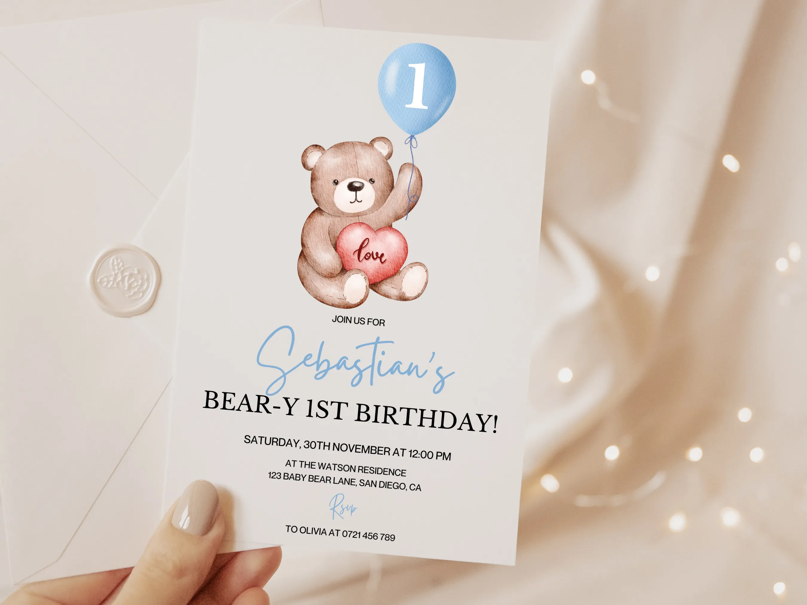 Cute Teddy Bear first birthday invitation — Beary First Birthday theme editable Canva template for boys and girls (digital download)