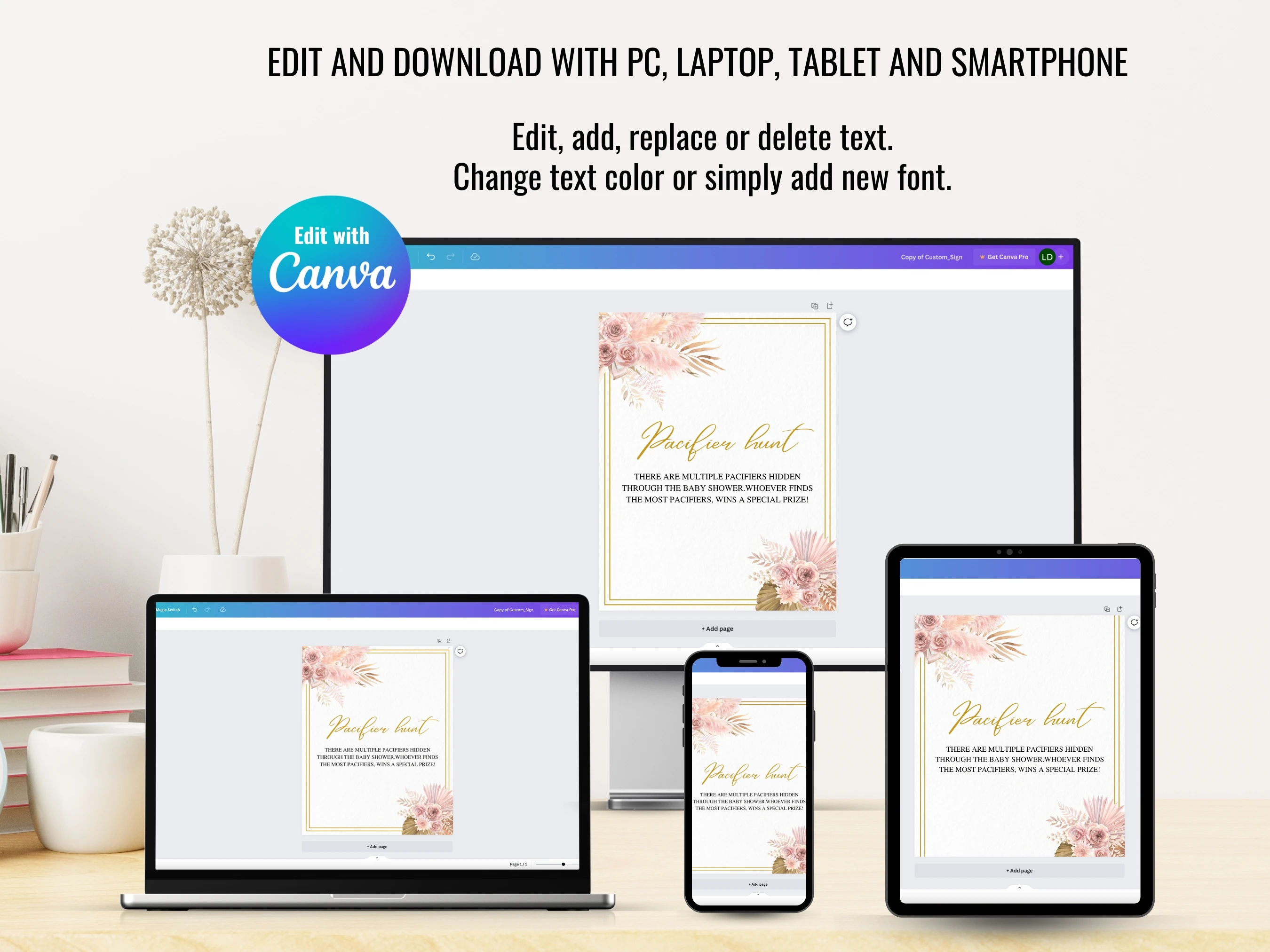 Boho Baby Shower Table Signs | Rose Gold Pampas Grass Late Night Diapers | Pacifier Hunt Sign | Editable Canva Template | Digital Download