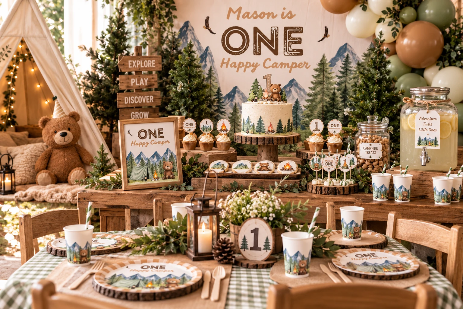 Styled One Happy Camper first birthday party with woodland decorations, cake, balloons and coordinated table details