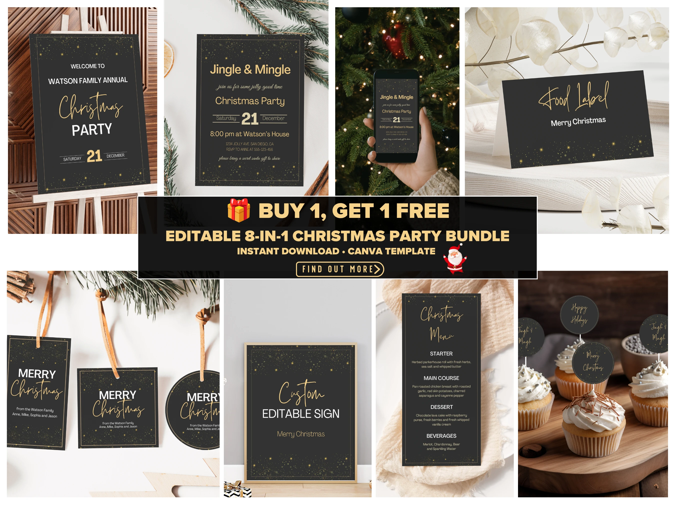 Black and gold Christmas party bundle with editable dinner invitations, menus, signs, and festive Canva templates