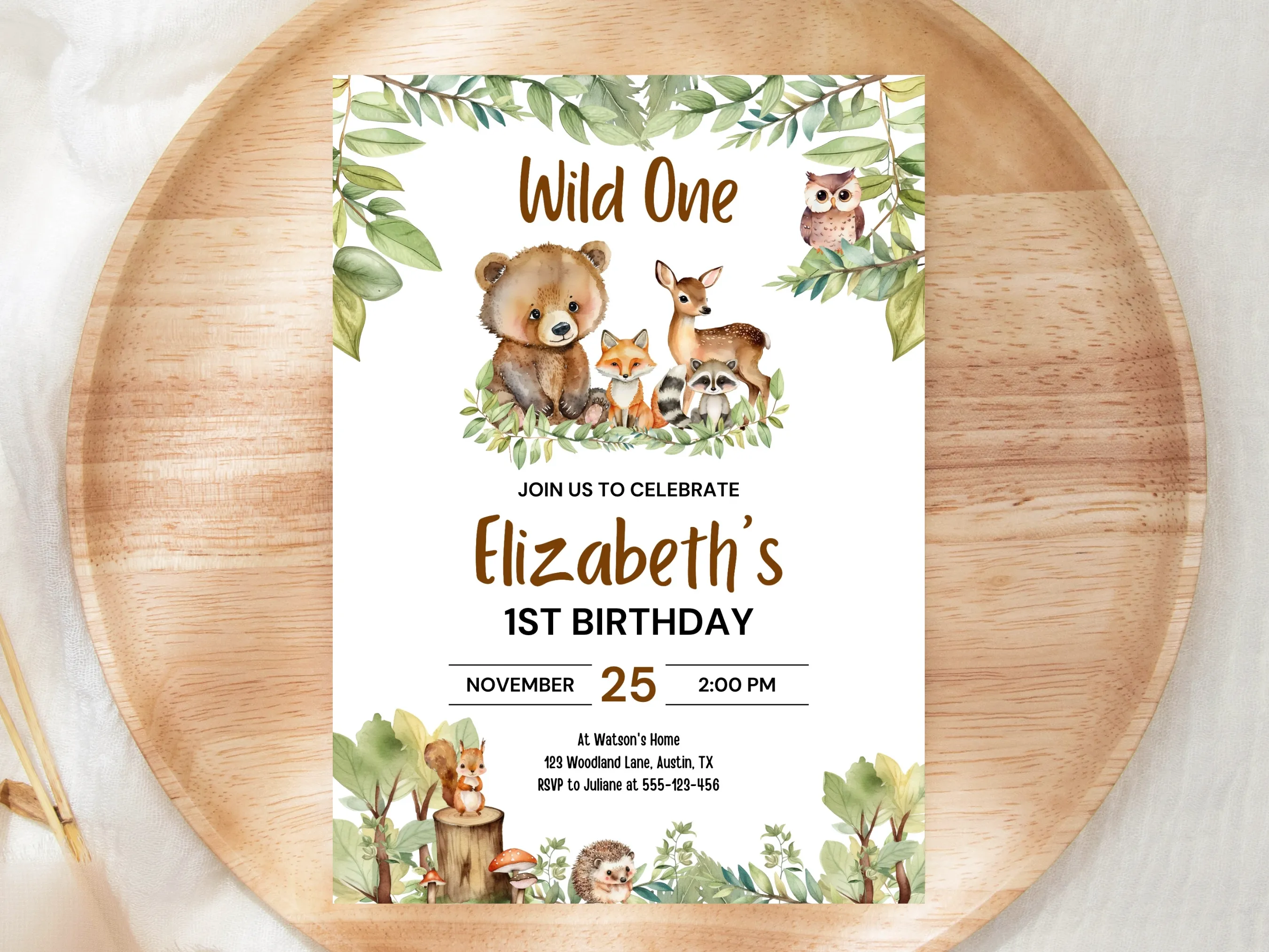 Wild One woodland animals birthday invitation with forest theme, editable Canva template for kids’ rustic nature party, digital download.