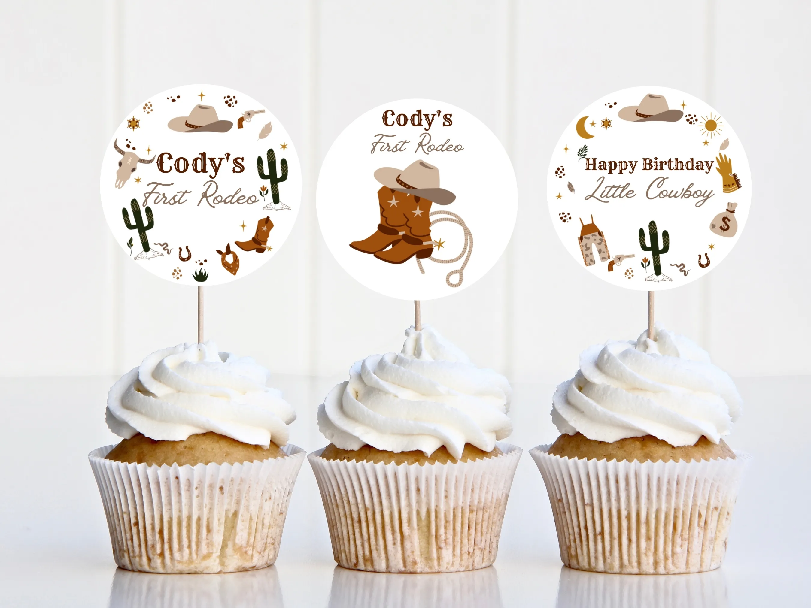 My First Rodeo cupcake toppers with cowboy and western theme, including custom birthday cake topper, editable Canva template by fllcdesigns