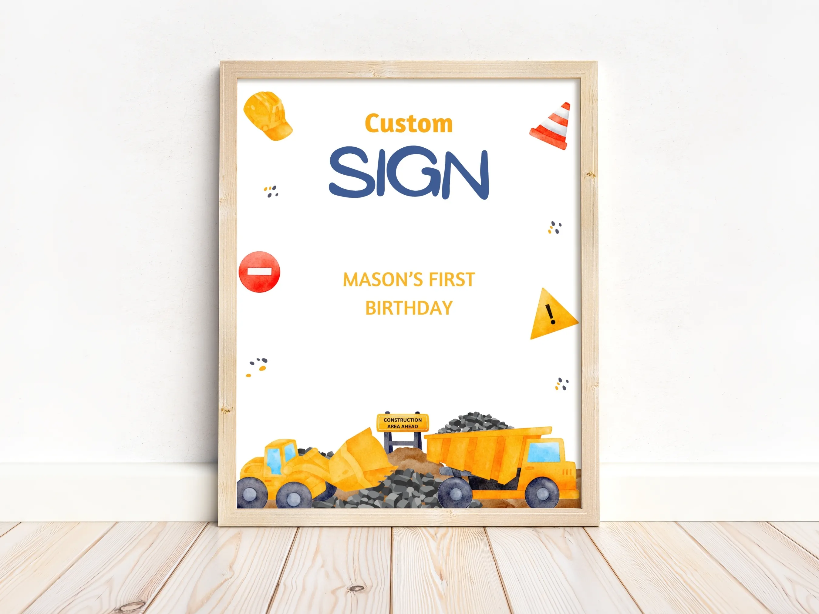 Construction custom birthday sign with excavator theme, customizable gift table and cookie table sign, editable Canva template by fllcdesigns