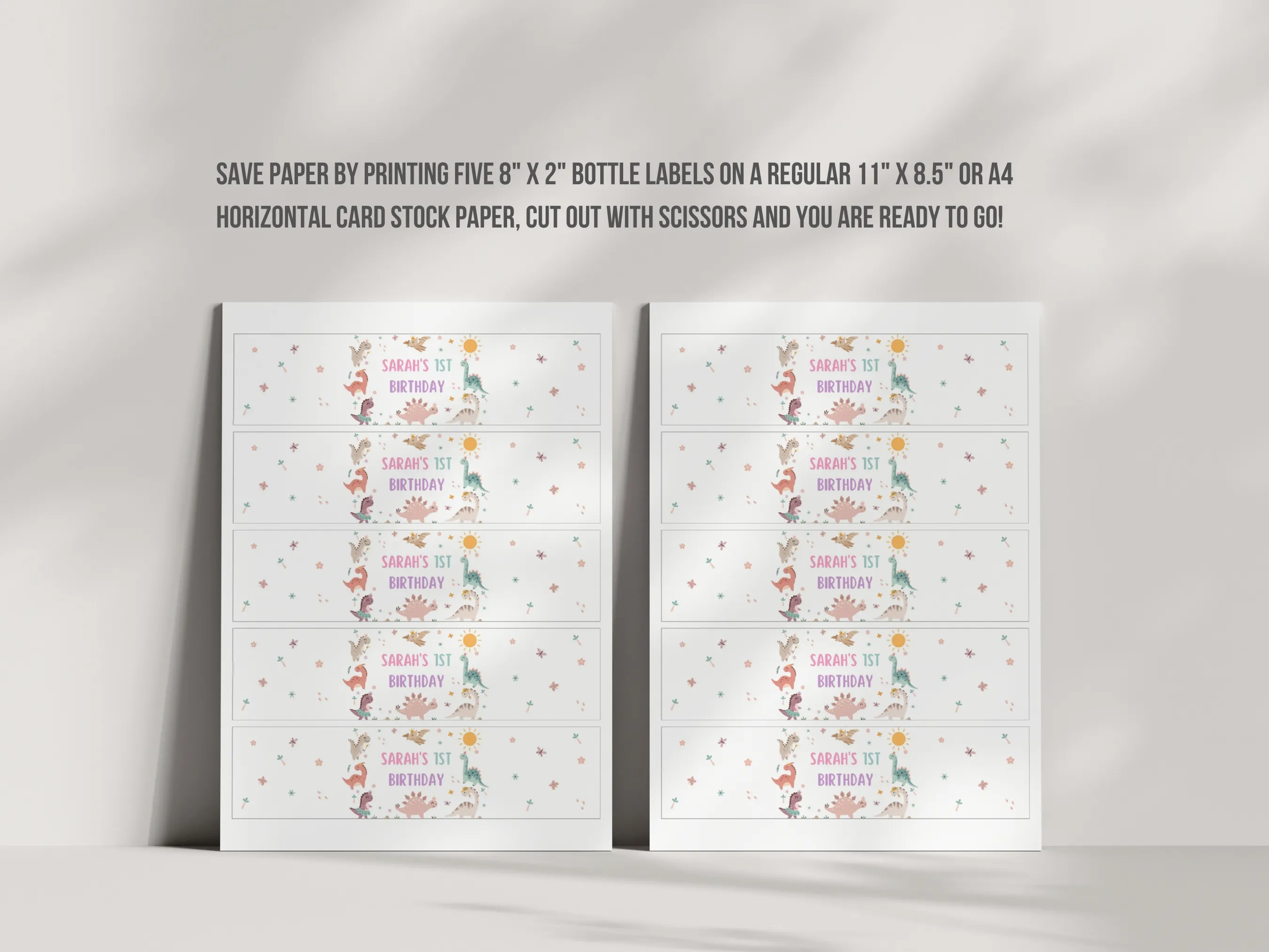 Baby Girl Dinosaur Birthday Water Bottle Labels | Pink Dino Bottle Wraps | Editable Canva Template | Digital Download