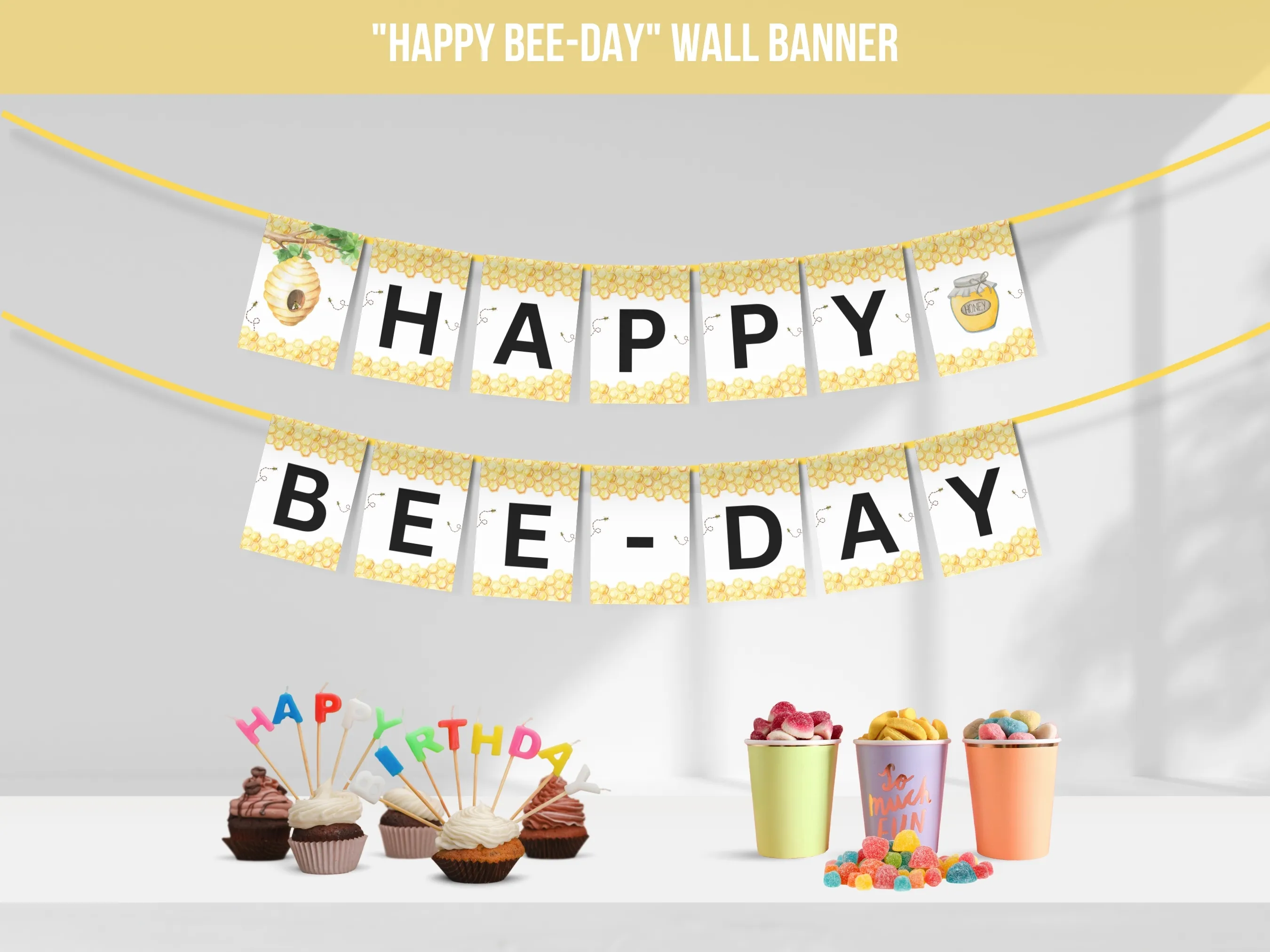 First Bee Day Happy Birthday banner with bumble bee and honey bee theme, customizable birthday bunting and wall banner, editable Canva template by fllcdesigns