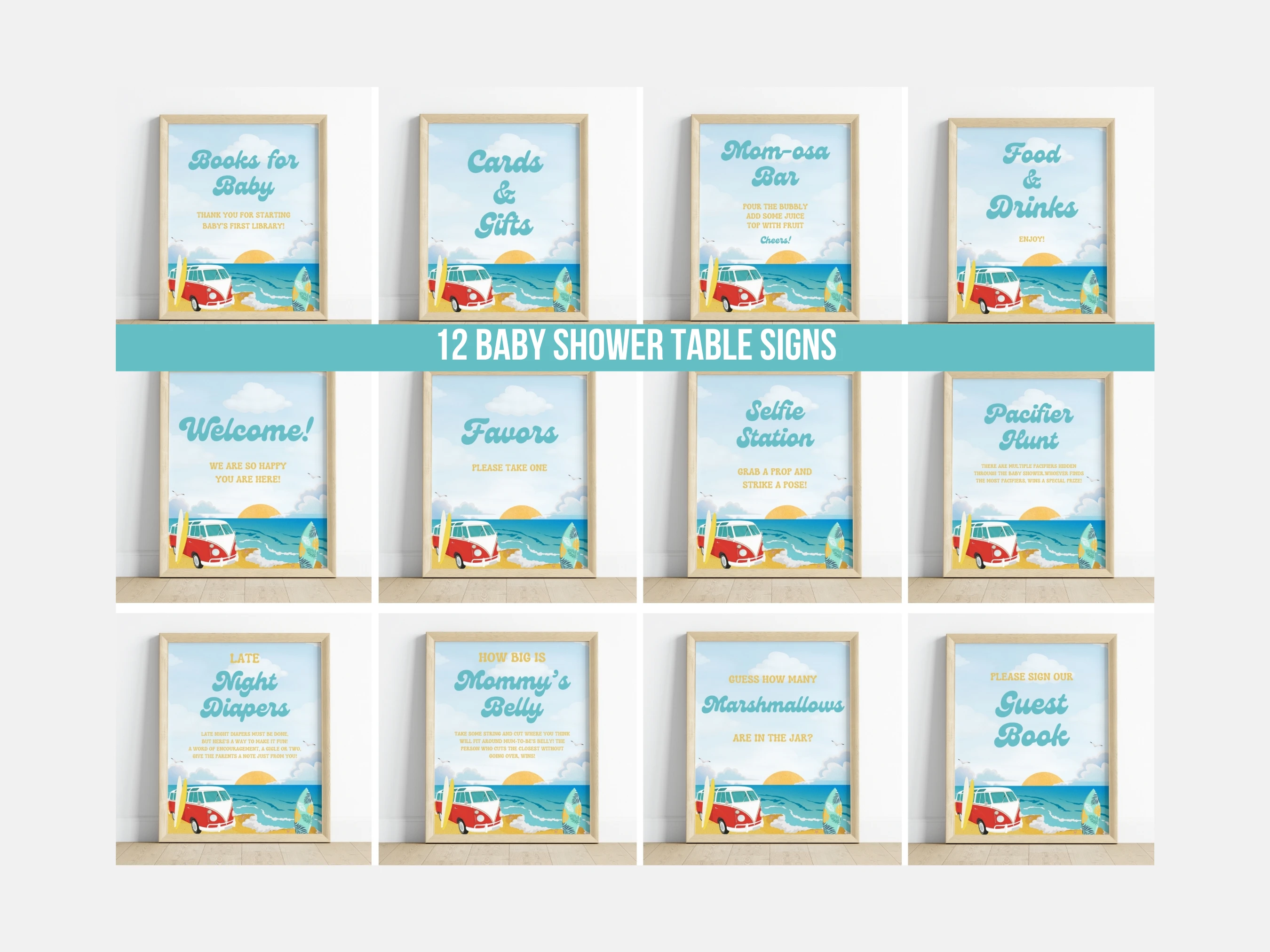 beach baby shower table sign printable, baby on board late night diapers sign, surfing baby shower pacifier hunt sign, tropical ocean baby shower diaper raffle sign, editable baby shower sign Canva